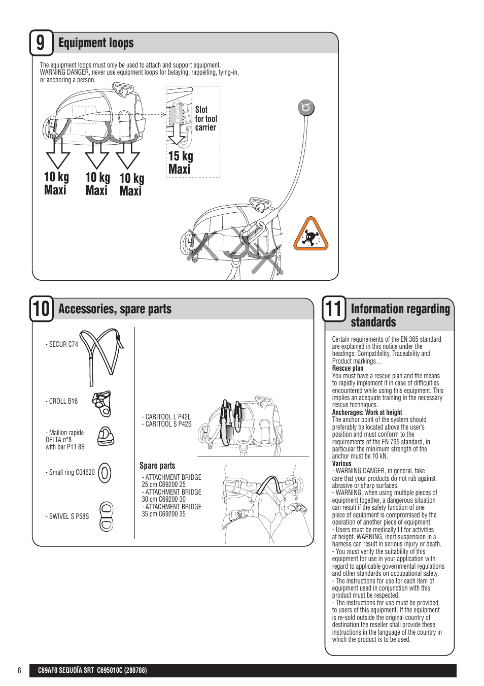 En + drawings, Equipment loops, 10 kg maxi | 15 kg maxi, Accessories, spare parts, Information regarding standards | Petzl SEQUOIA SRT User Manual | Page 6 / 26
