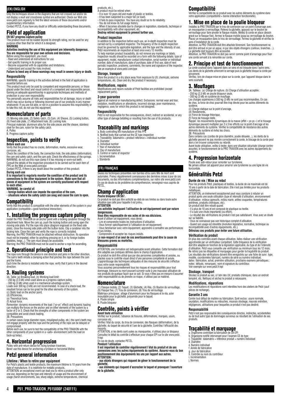 En / fr, Field of application, Nomenclature of parts | Inspection, points to verify, Compatibility, Installing the progress capture pulley, Operational principle and test, Hauling systems, Horizontal progression, Petzl general information | Petzl PRO TRAXION User Manual | Page 4 / 19