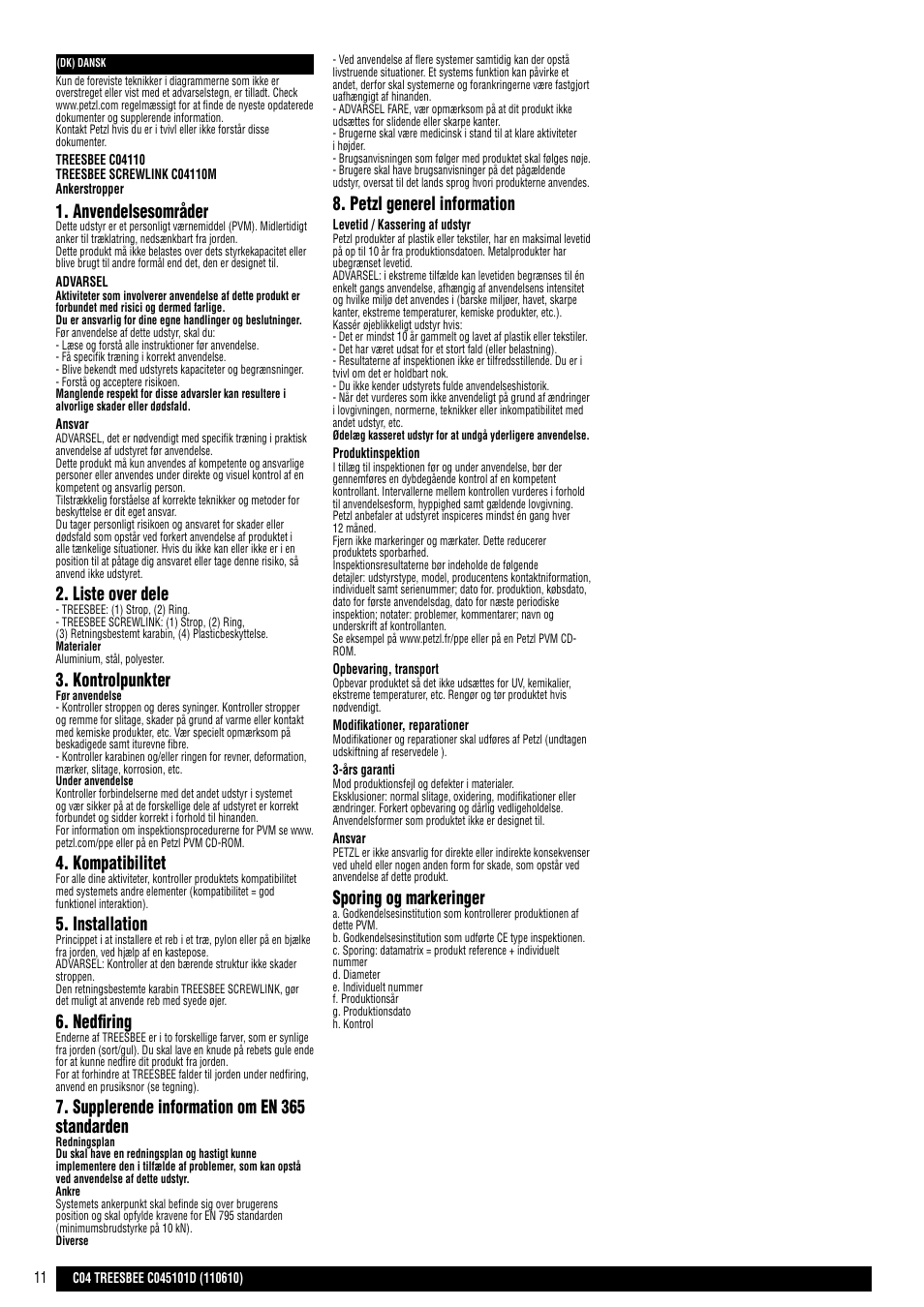 Anvendelsesområder, Liste over dele, Kontrolpunkter | Kompatibilitet, Installation, Nedfiring, Supplerende information om en 365 standarden, Petzl generel information, Sporing og markeringer | Petzl TREESBEE User Manual | Page 11 / 24