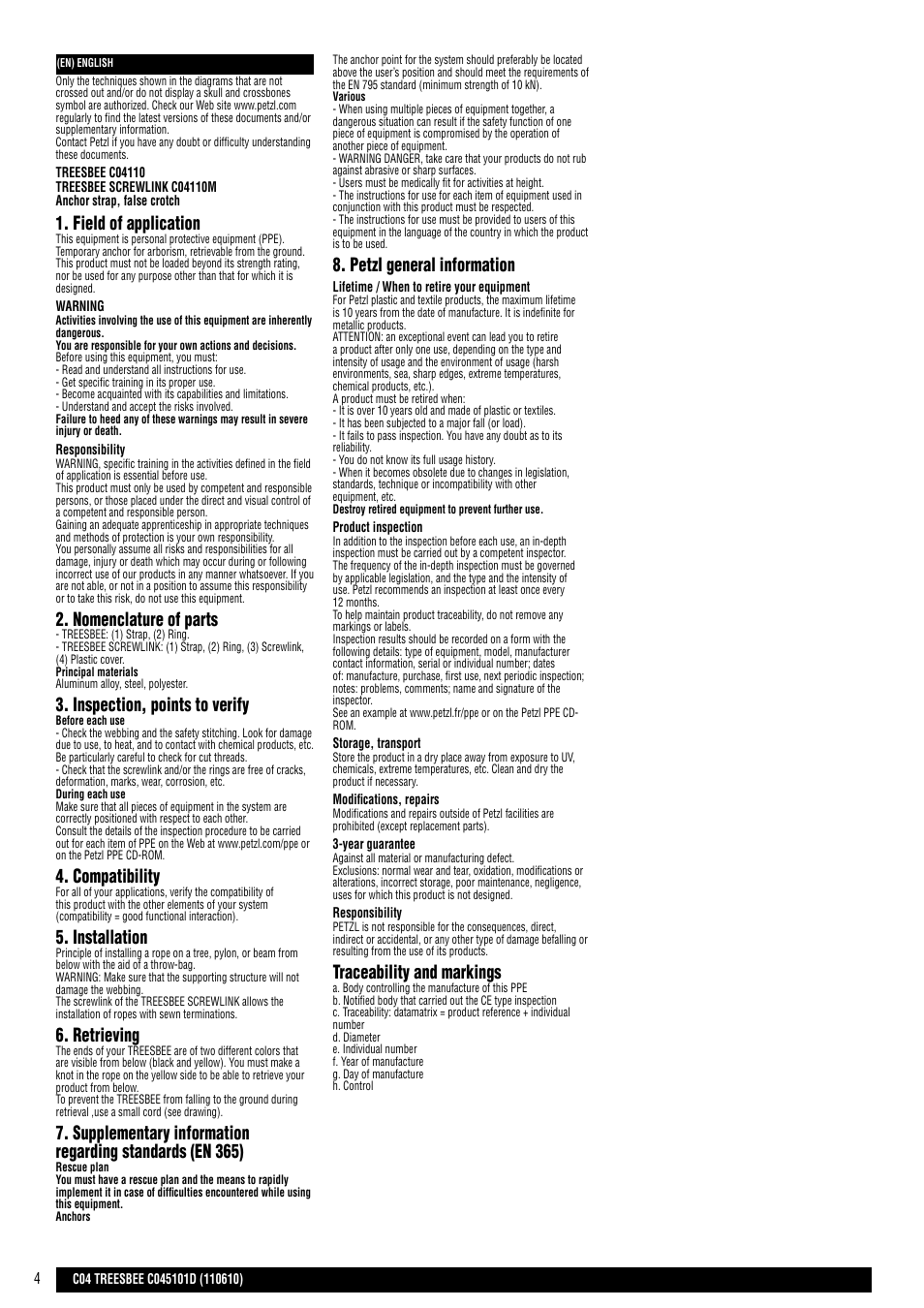 Field of application, Nomenclature of parts, Inspection, points to verify | Compatibility, Installation, Retrieving, Petzl general information, Traceability and markings | Petzl TREESBEE User Manual | Page 4 / 24