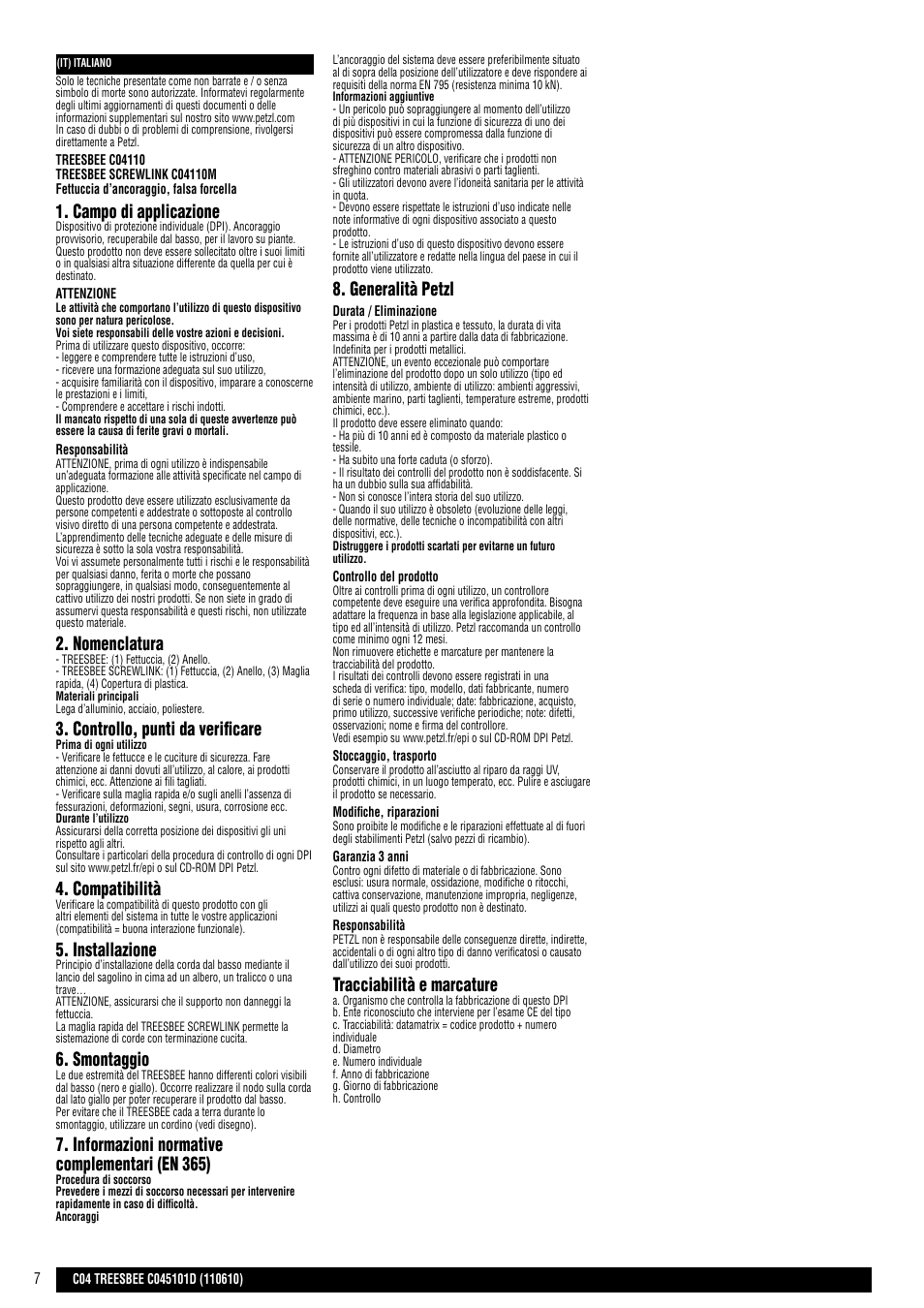 Campo di applicazione, Nomenclatura, Controllo, punti da verificare | Compatibilità, Installazione, Smontaggio, Informazioni normative complementari (en 365), Generalità petzl, Tracciabilità e marcature | Petzl TREESBEE User Manual | Page 7 / 24