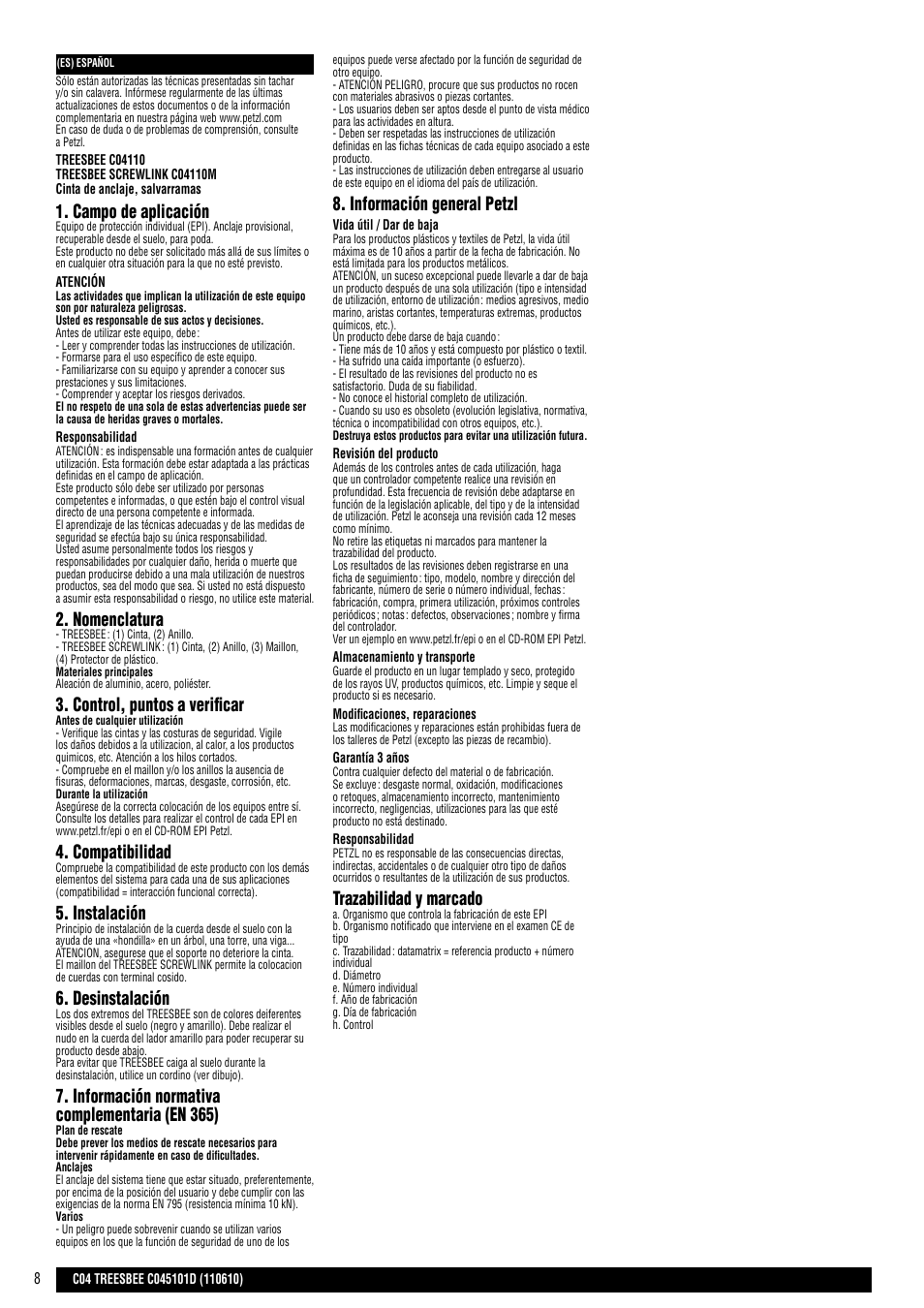 Campo de aplicación, Nomenclatura, Control, puntos a verificar | Compatibilidad, Instalación, Desinstalación, Información normativa complementaria (en 365), Información general petzl, Trazabilidad y marcado | Petzl TREESBEE User Manual | Page 8 / 24