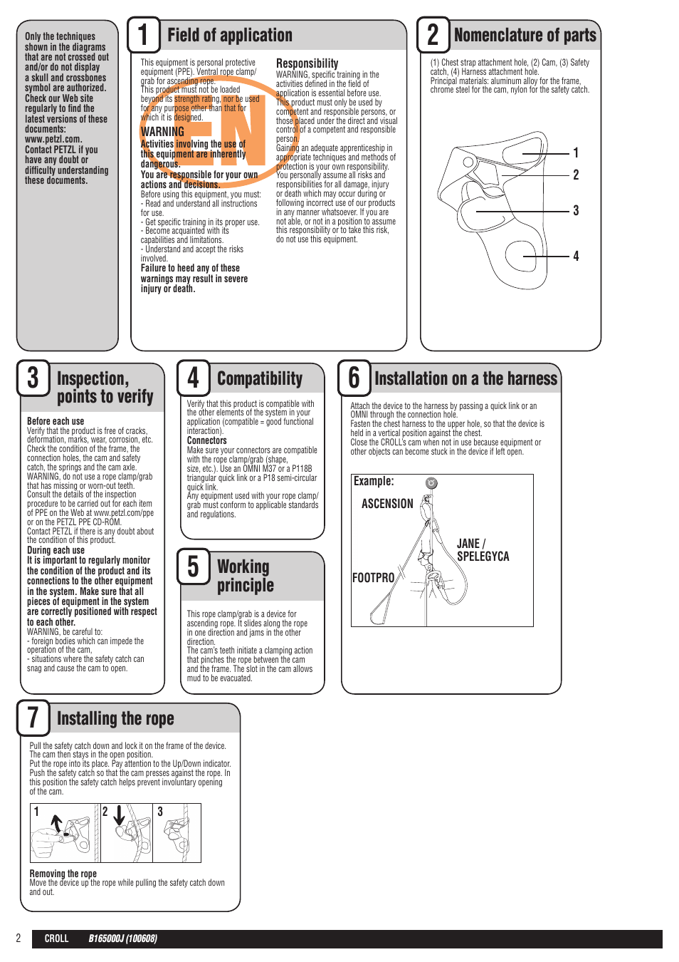 En + drawings, Field of application nomenclature of parts, Working principle | Stop | Petzl CROLL User Manual | Page 2 / 24