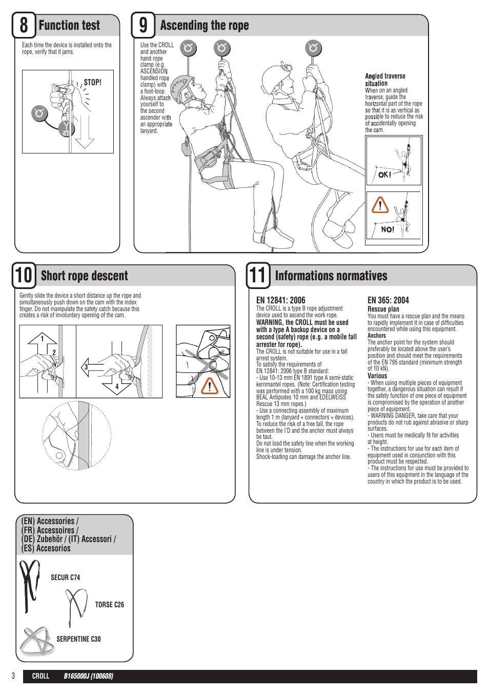 En + drawings, Function test ascending the rope, Short rope descent | Informations normatives | Petzl CROLL User Manual | Page 3 / 24