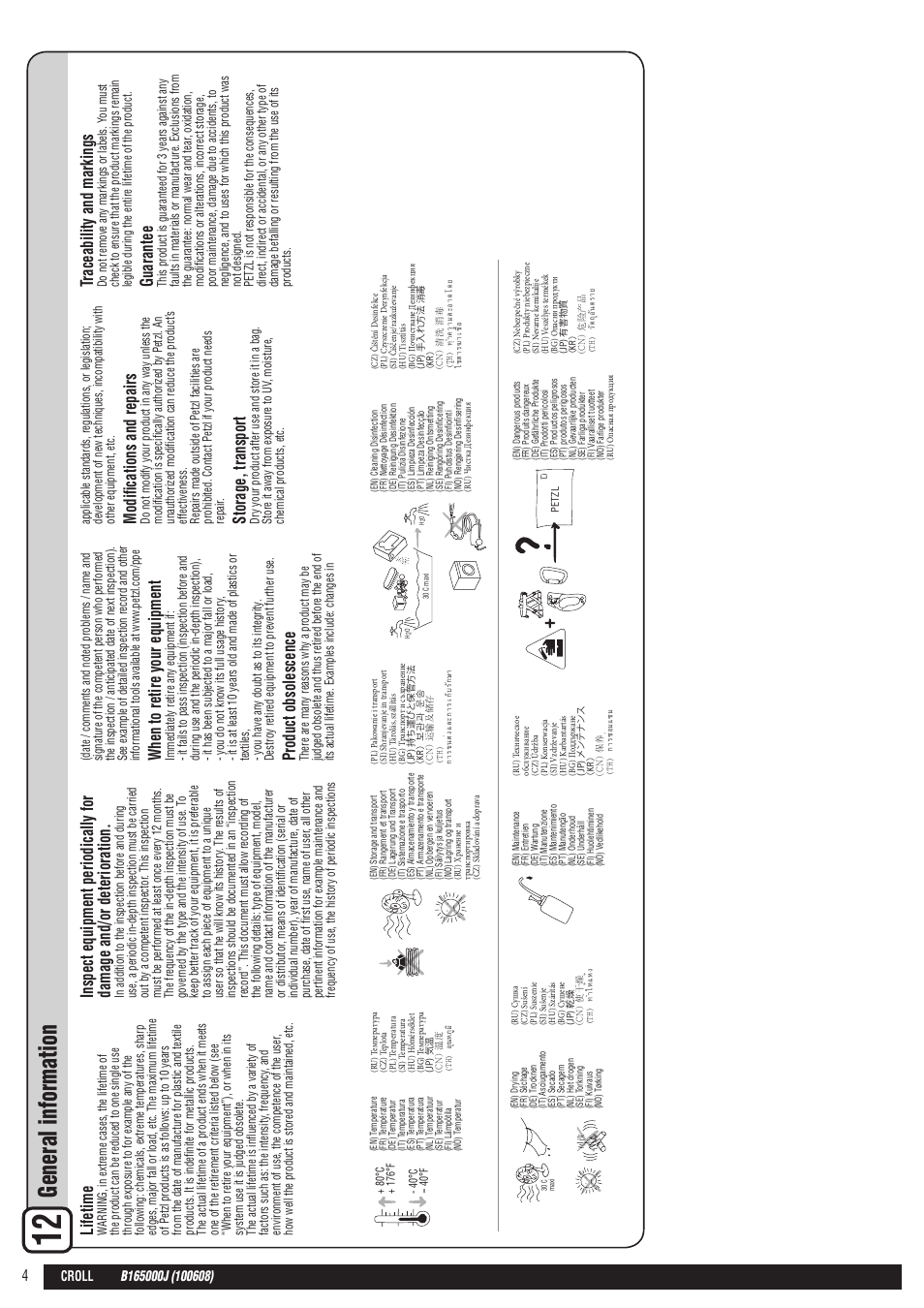 En + drawings, General information, Lifetime | When to retire your equipment, Product obsolescence, Modifications and repairs, Storage, transport, Traceability and markings, Guarantee | Petzl CROLL User Manual | Page 4 / 24