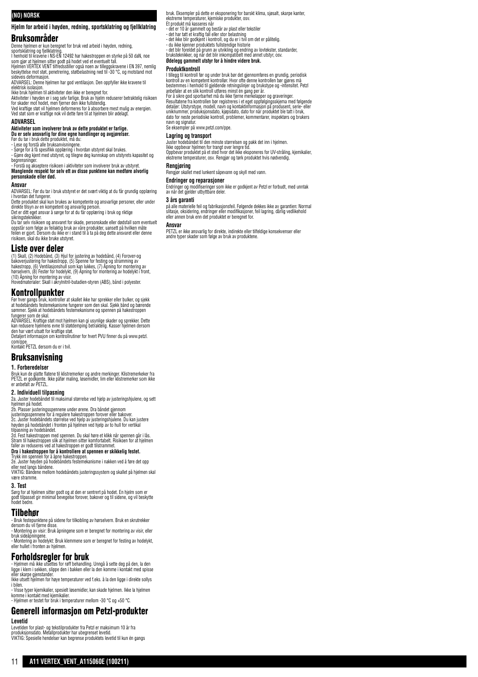 Bruksområder, Liste over deler, Kontrollpunkter | Bruksanvisning, Tilbehør, Forholdsregler for bruk, Generell informasjon om petzl-produkter | Petzl VERTEX VENT User Manual | Page 11 / 14