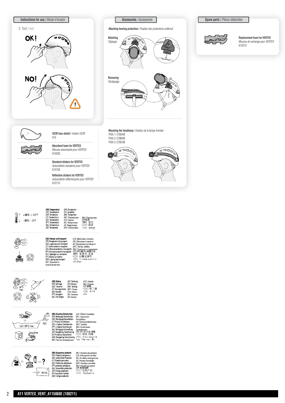 Drawings, Cahier, Miniplan 1 verso | Field of application, Nomenclature of parts, Inspection, points to verify, Instructions for use, Accessories | Petzl VERTEX VENT User Manual | Page 2 / 14