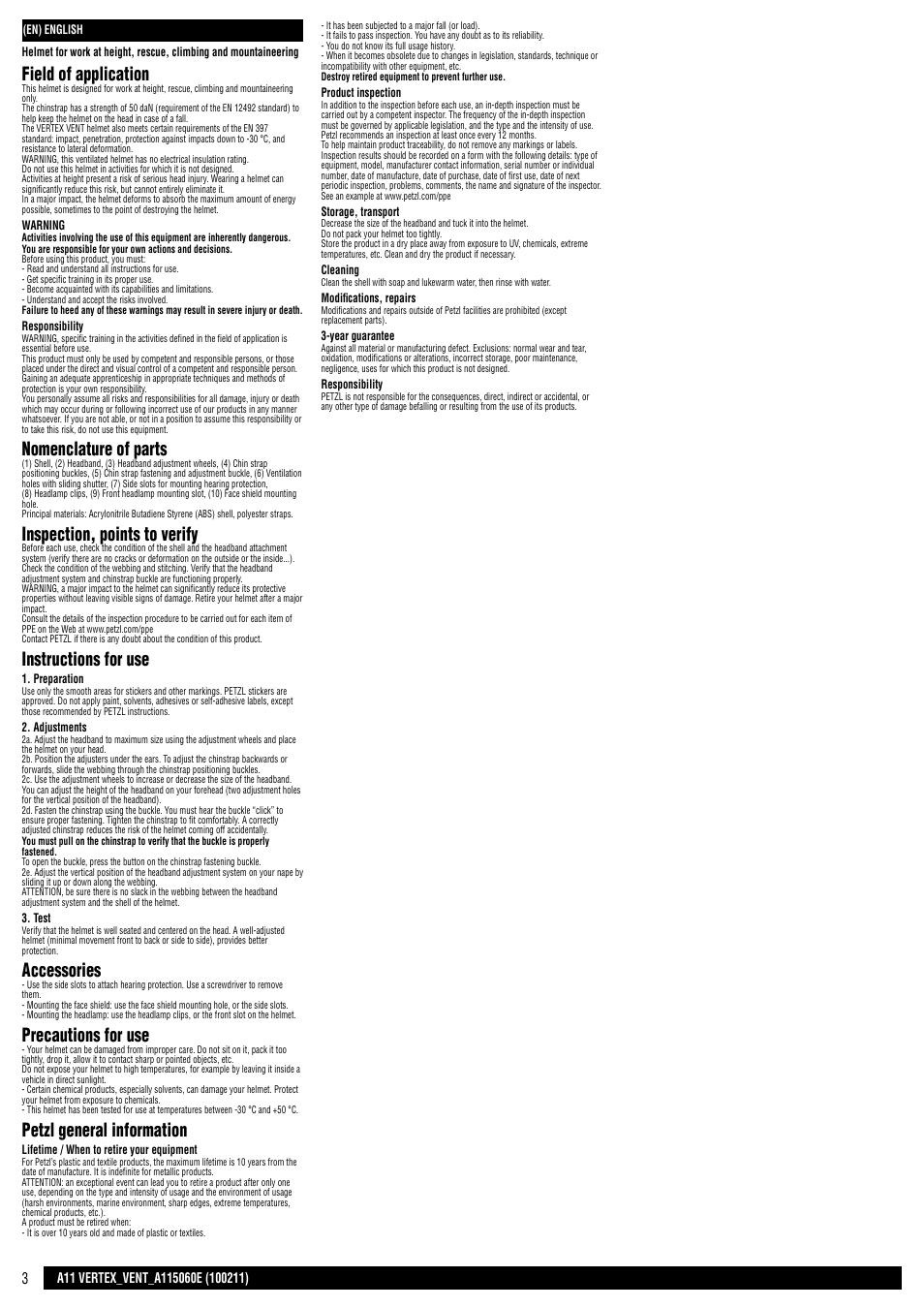Field of application, Nomenclature of parts, Inspection, points to verify | Instructions for use, Accessories, Precautions for use, Petzl general information | Petzl VERTEX VENT User Manual | Page 3 / 14