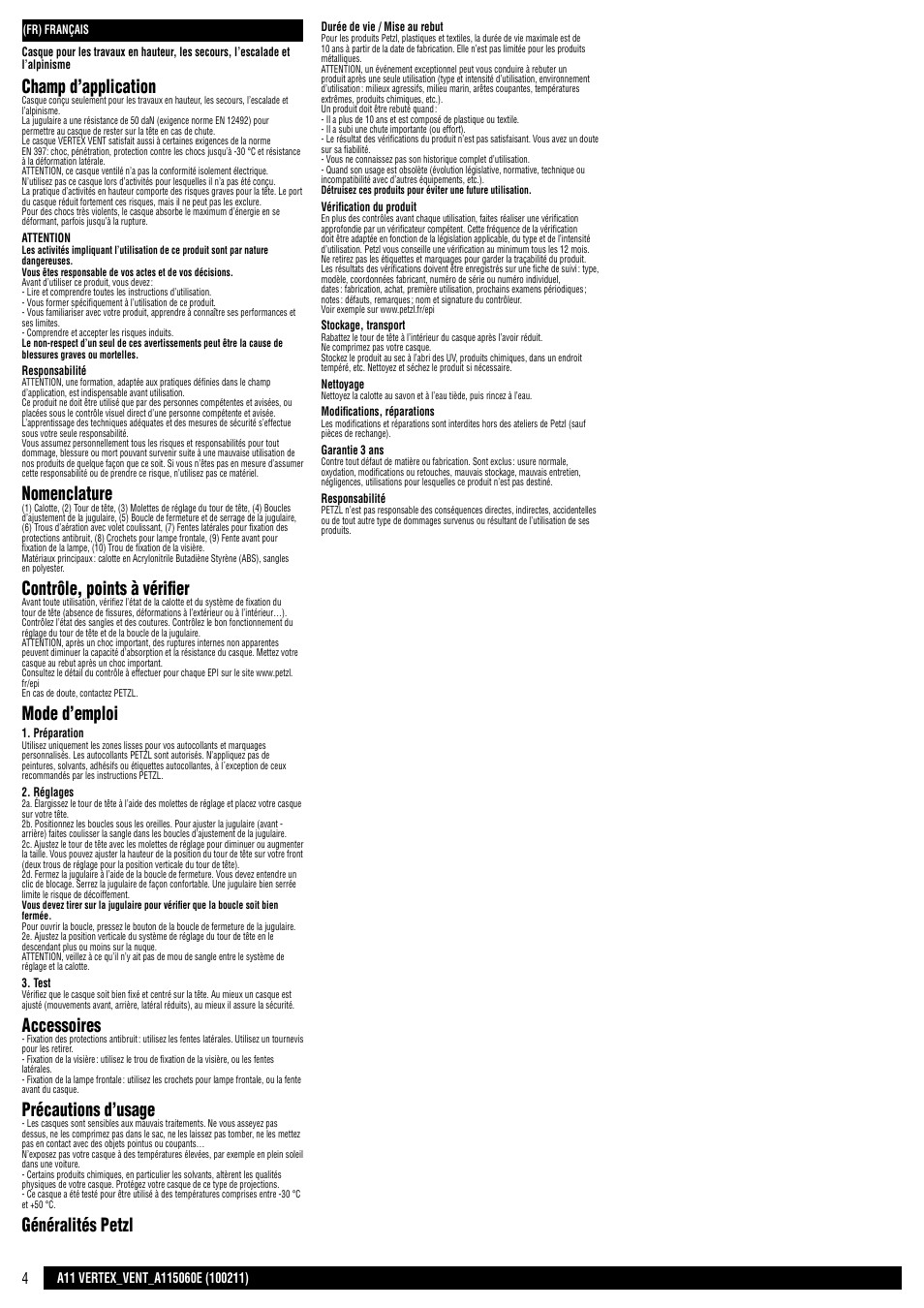 Champ d’application, Nomenclature, Contrôle, points à vérifier | Mode d’emploi, Accessoires, Précautions d’usage, Généralités petzl | Petzl VERTEX VENT User Manual | Page 4 / 14
