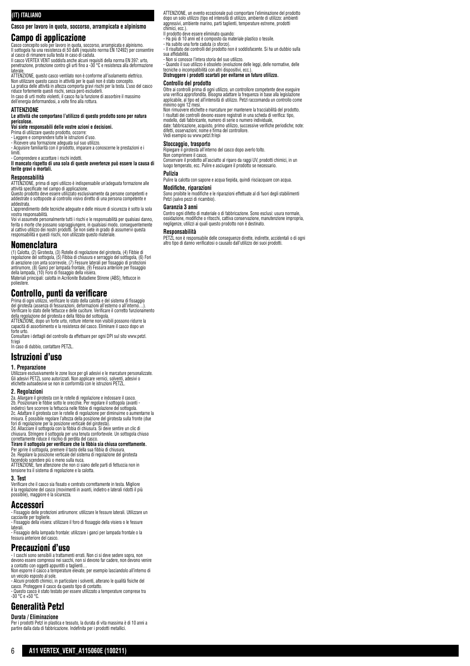Campo di applicazione, Nomenclatura, Controllo, punti da verificare | Istruzioni d’uso, Accessori, Precauzioni d’uso, Generalità petzl | Petzl VERTEX VENT User Manual | Page 6 / 14