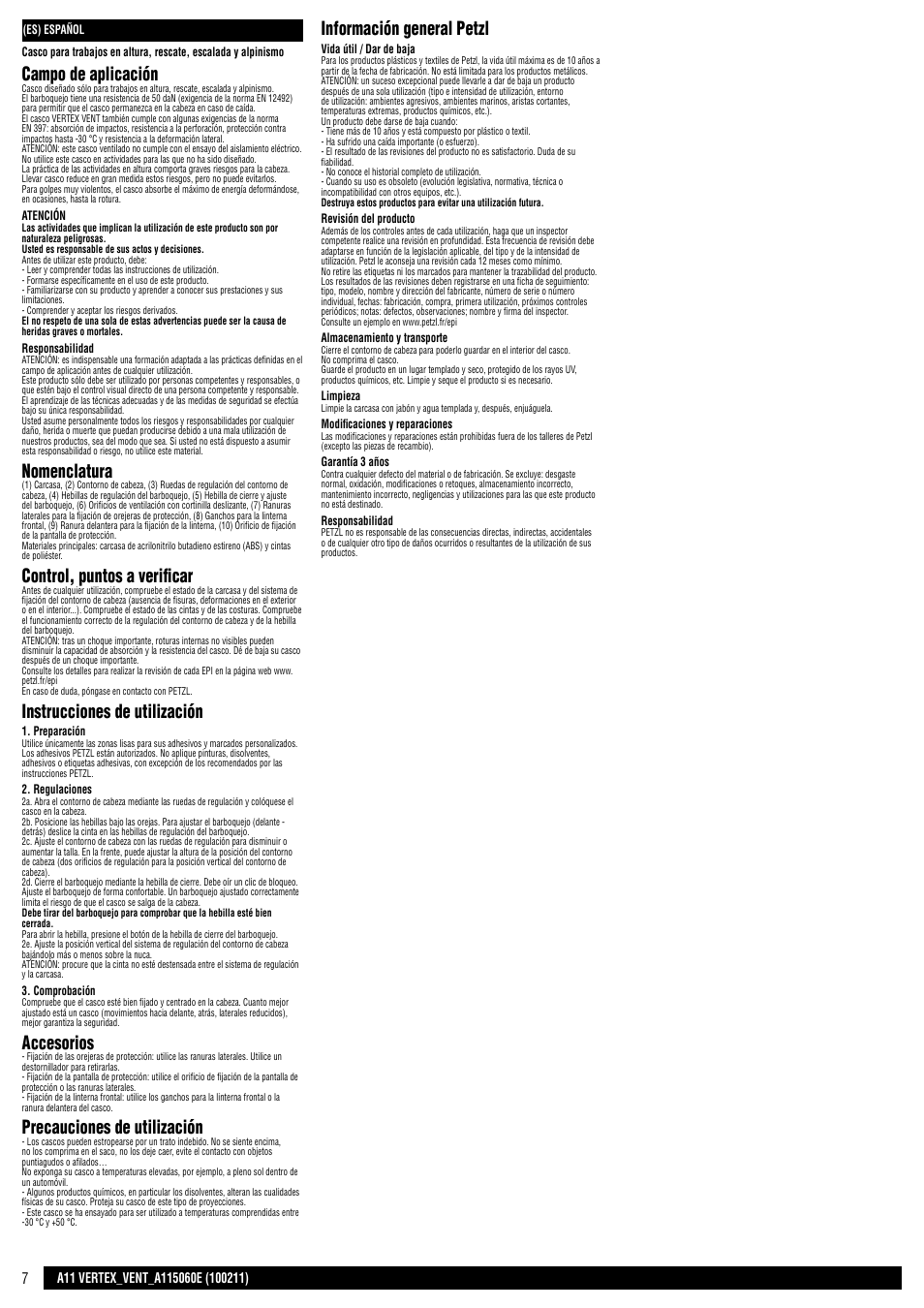 Campo de aplicación, Nomenclatura, Control, puntos a verificar | Instrucciones de utilización, Accesorios, Precauciones de utilización, Información general petzl | Petzl VERTEX VENT User Manual | Page 7 / 14
