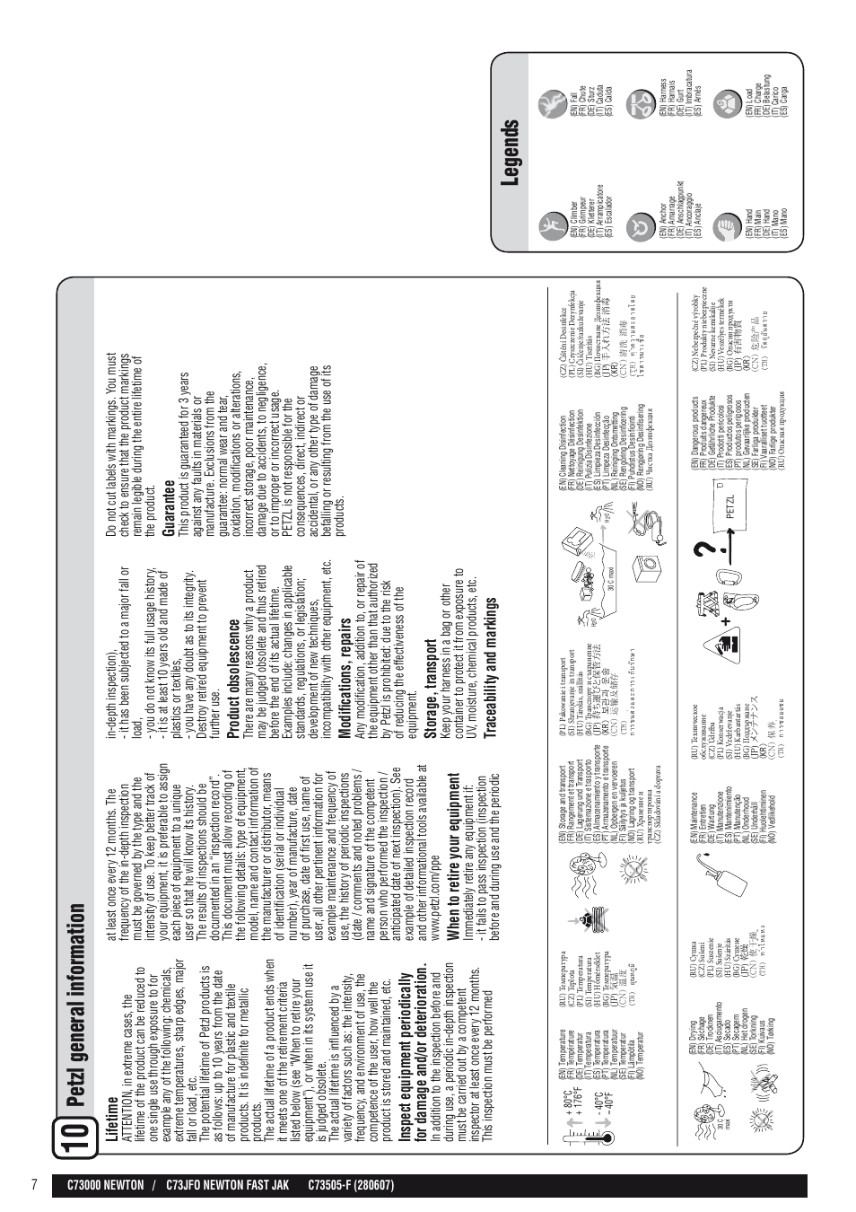 En + drawing, Petzl general information, Legends | Lifetime, When to retire your equipment, Product obsolescence, Modifications, repairs, Storage, transport, Traceability and markings, Guarantee | Petzl NEWTON FAST JAK User Manual | Page 7 / 24