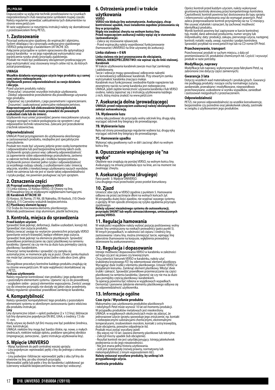 Zastosowanie, Oznaczenia części, Kontrola, miejsca do sprawdzenia | Kompatybilność, Wpięcie universo, Ostrzeżenia przed i w trakcie użytkowania, Asekuracja dolna (prowadzącego), Opuszczanie wspinającego się "na wędce, Asekuracja górna (drugiego), Zjazd | Petzl UNIVERSO User Manual | Page 17 / 24