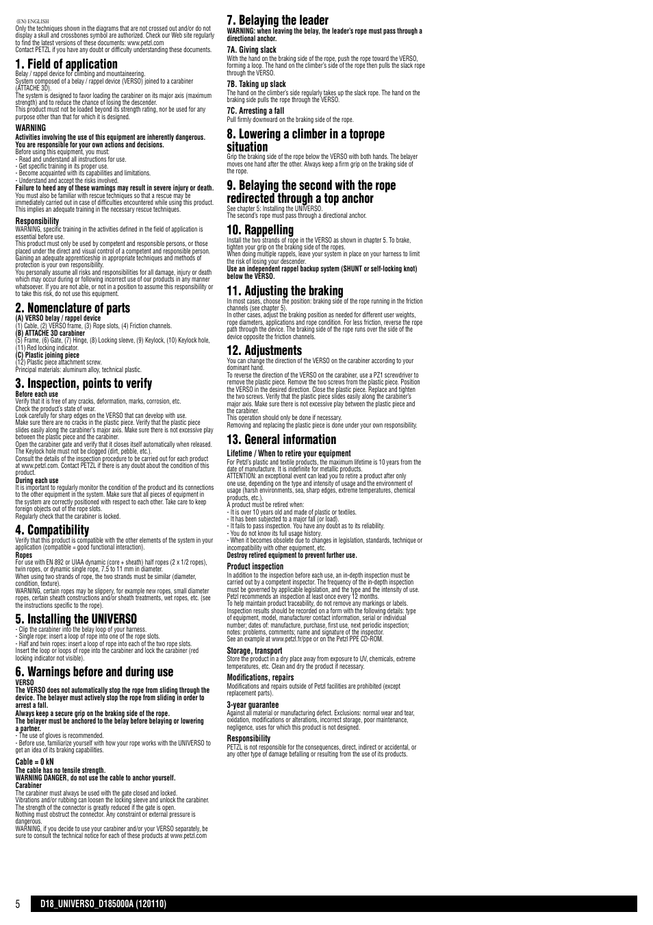 Field of application, Nomenclature of parts, Inspection, points to verify | Compatibility, Installing the universo, Warnings before and during use, Belaying the leader, Lowering a climber in a toprope situation, Rappelling, Adjusting the braking | Petzl UNIVERSO User Manual | Page 5 / 24