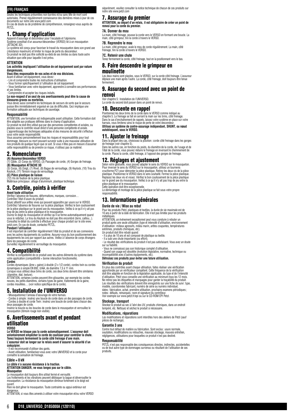 Champ d’application, Nomenclature, Contrôle, points à vérifier | Compatibilité, Installation de l’universo, Avertissements avant et pendant utilisation, Assurage du premier, Faire descendre le grimpeur en moulinette, Assurage du second avec un point de renvoi, Descente en rappel | Petzl UNIVERSO User Manual | Page 6 / 24