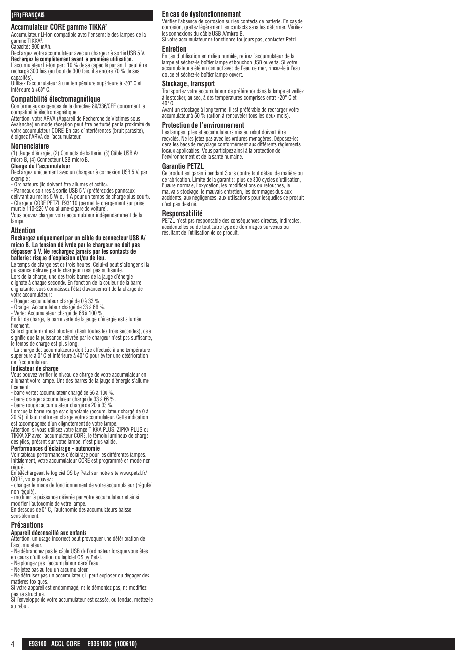 Accumulateur core gamme tikka, Compatibilité électromagnétique, Nomenclature | Attention, Précautions, En cas de dysfonctionnement, Entretien, Stockage, transport, Protection de l’environnement, Garantie petzl | Petzl CORE_аккумулятор User Manual | Page 4 / 22
