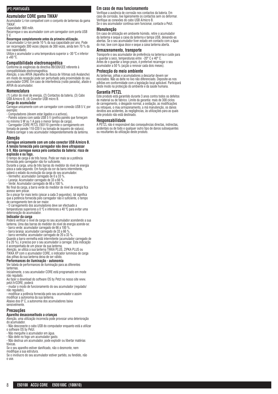 Acumulador core gama tikka, Compatibilidade electromagnética, Nomenclatura | Atenção, Precauções, Em caso de mau funcionamento, Manutenção, Armazenamento, transporte, Protecção do meio ambiente, Garantia petzl | Petzl CORE_аккумулятор User Manual | Page 8 / 22