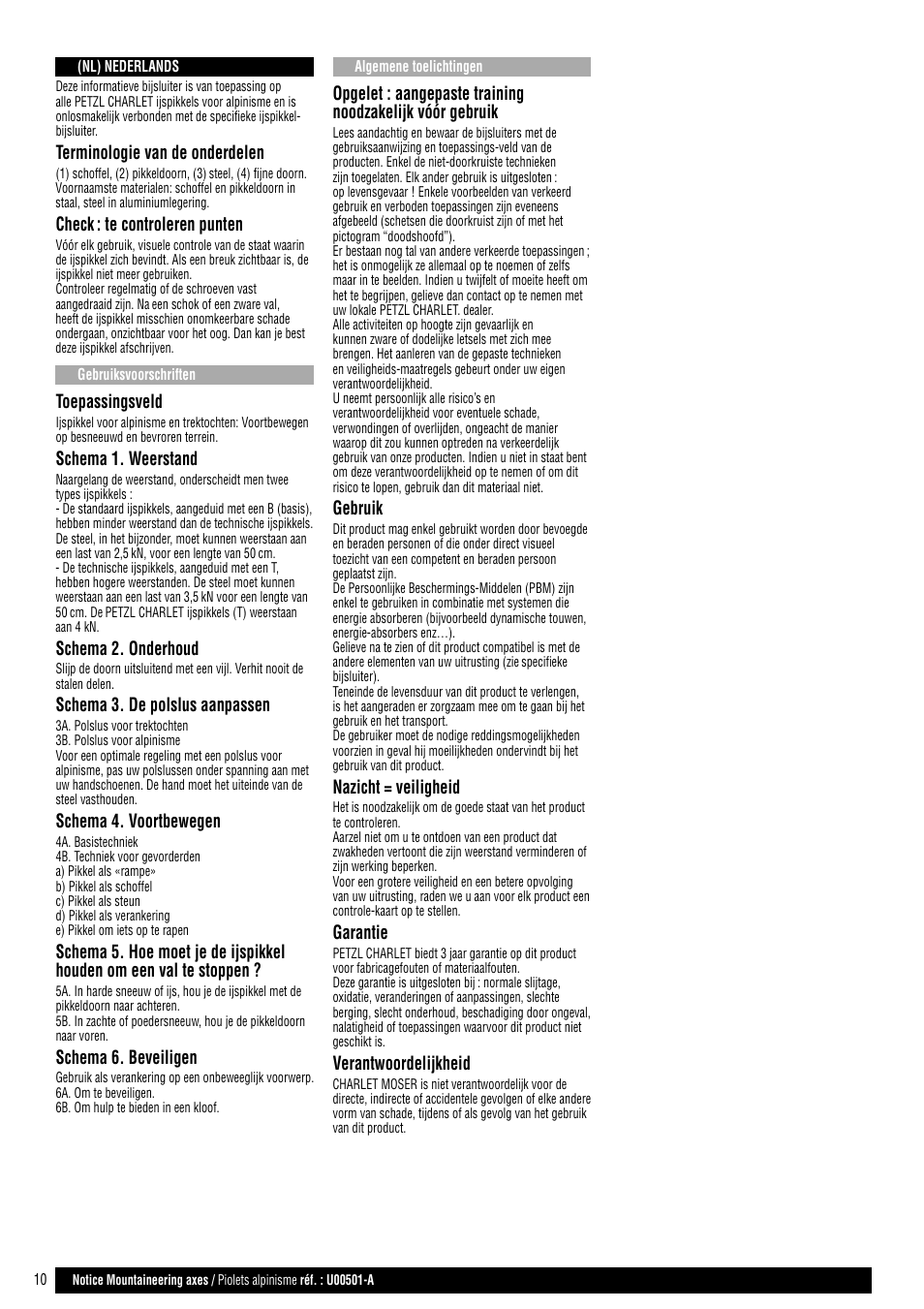 Terminologie van de onderdelen, Check, Te controleren punten | Toepassingsveld, Schema 1. weerstand, Schema 2. onderhoud, Schema 3. de polslus aanpassen, Schema 4. voortbewegen, Schema 6. beveiligen, Gebruik | Petzl Ледорубы Petzl User Manual | Page 10 / 10