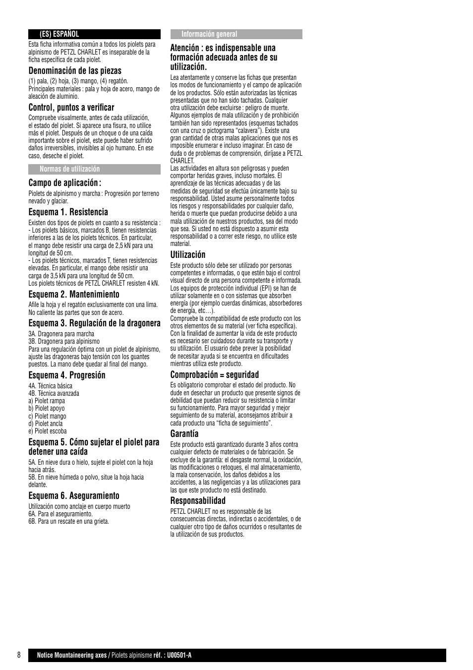 Denominación de las piezas, Control, puntos a verifi car, Campo de aplicación | Esquema 1. resistencia, Esquema 2. mantenimiento, Esquema 3. regulación de la dragonera, Esquema 4. progresión, Esquema 6. aseguramiento, Utilización, Comprobación = seguridad | Petzl Ледорубы Petzl User Manual | Page 8 / 10