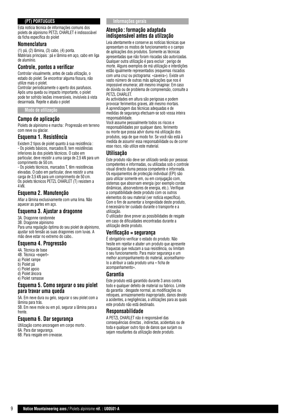 Nomenclatura, Controle, pontos a verifi car, Campo de aplicação | Esquema 1. resistência, Esquema 2. manutenção, Esquema 3. ajustar a dragonne, Esquema 4. progressão, Esquema 6. dar segurança, Atenção, Formação adaptada indispensável antes da utilzação | Petzl Ледорубы Petzl User Manual | Page 9 / 10