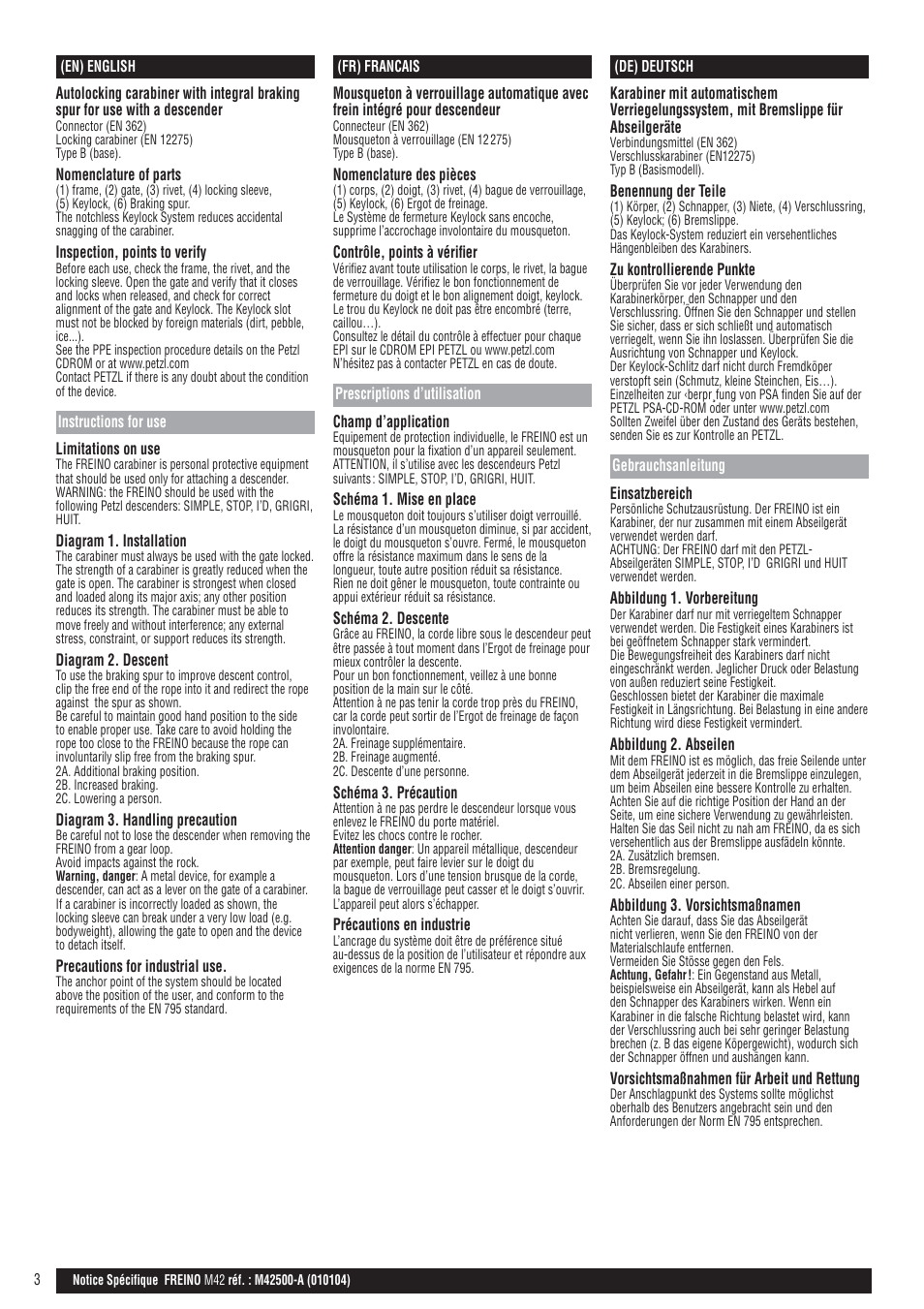 Gb; fr; de | Petzl FREINO User Manual | Page 3 / 9
