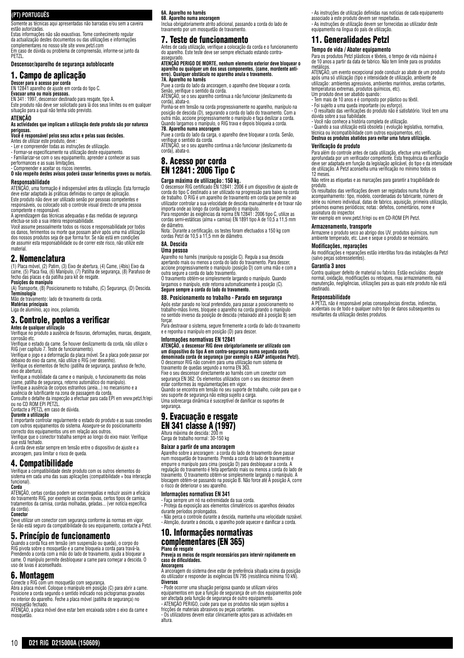 Campo de aplicação, Nomenclatura, Controle, pontos a verificar | Compatibilidade, Princípio de funcionamento, Montagem, Teste de funcionamento, Informações normativas complementares (en 365), Generalidades petzl | Petzl RIG User Manual | Page 10 / 24