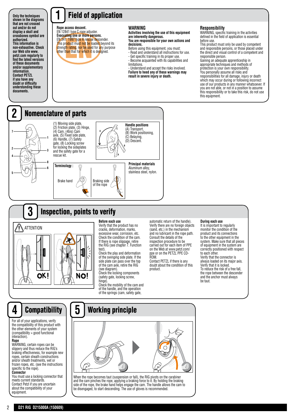 En + drawings, Field of application, Inspection, points to verify | Nomenclature of parts compatibility, Working principle | Petzl RIG User Manual | Page 2 / 24