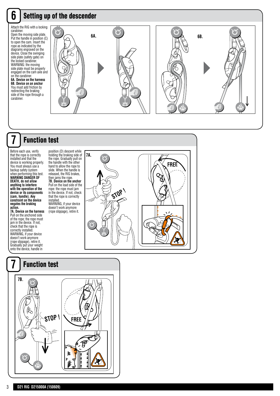 En + drawings, Function test, Setting up of the descender | Stop, Free | Petzl RIG User Manual | Page 3 / 24