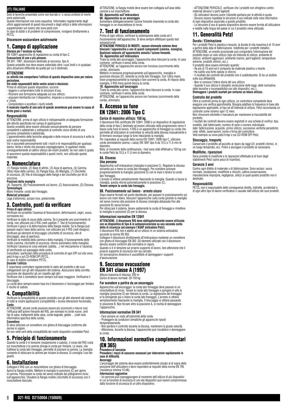 Campo di applicazione, Nomenclatura, Controllo, punti da verificare | Compatibilità, Principio di funzionamento, Installazione, Test di funzionamento, Informazioni normative complementari (en 365), Generalità petzl | Petzl RIG User Manual | Page 8 / 24