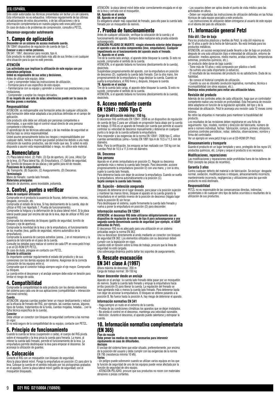 Campo de aplicación, Nomenclatura, Control, puntos a verificar | Compatibilidad, Principio de funcionamiento, Colocación, Prueba de funcionamiento, Información normativa complementaria (en 365), Información general petzl | Petzl RIG User Manual | Page 9 / 24