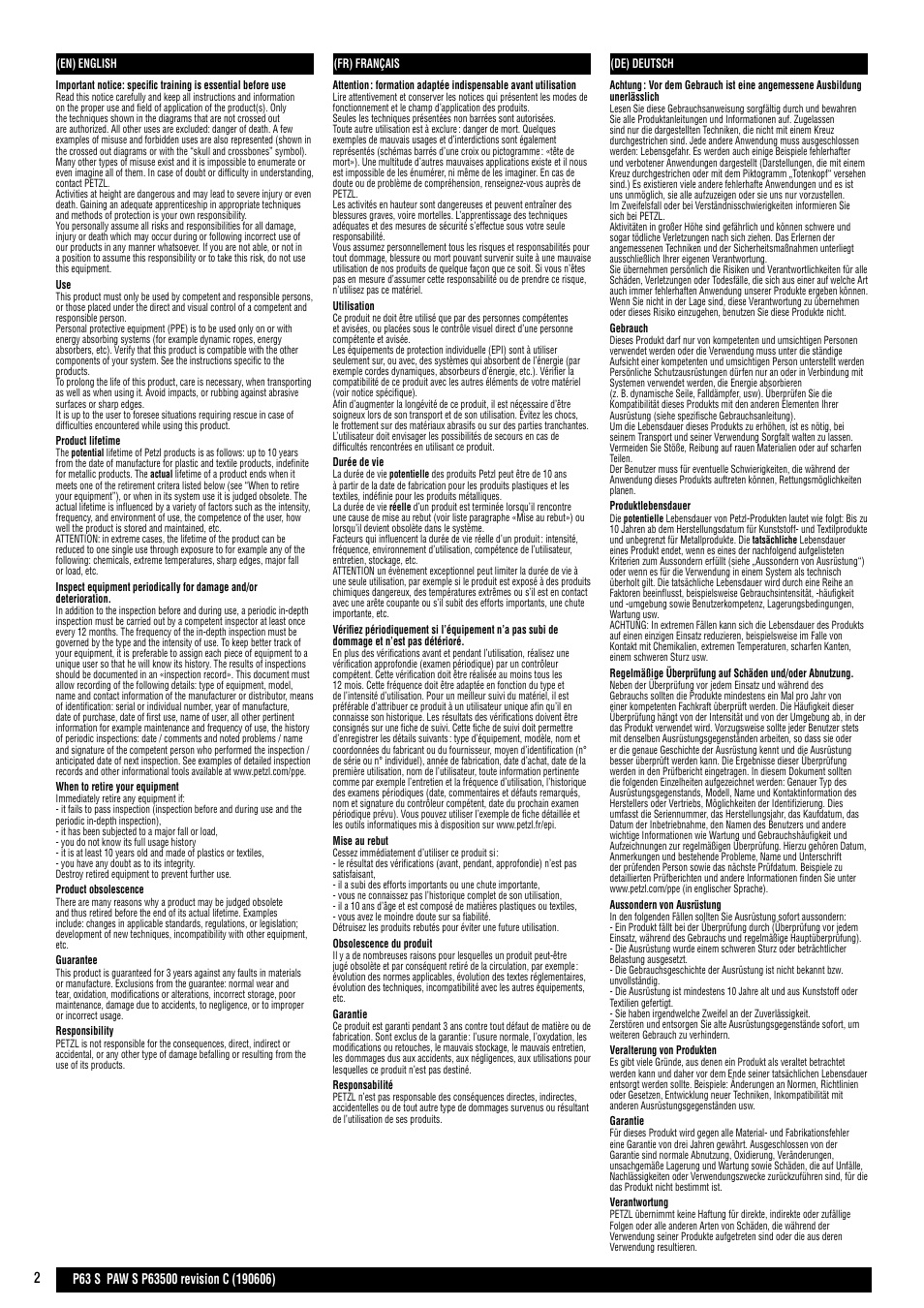 En, fr, de | Petzl PAW S User Manual | Page 2 / 3