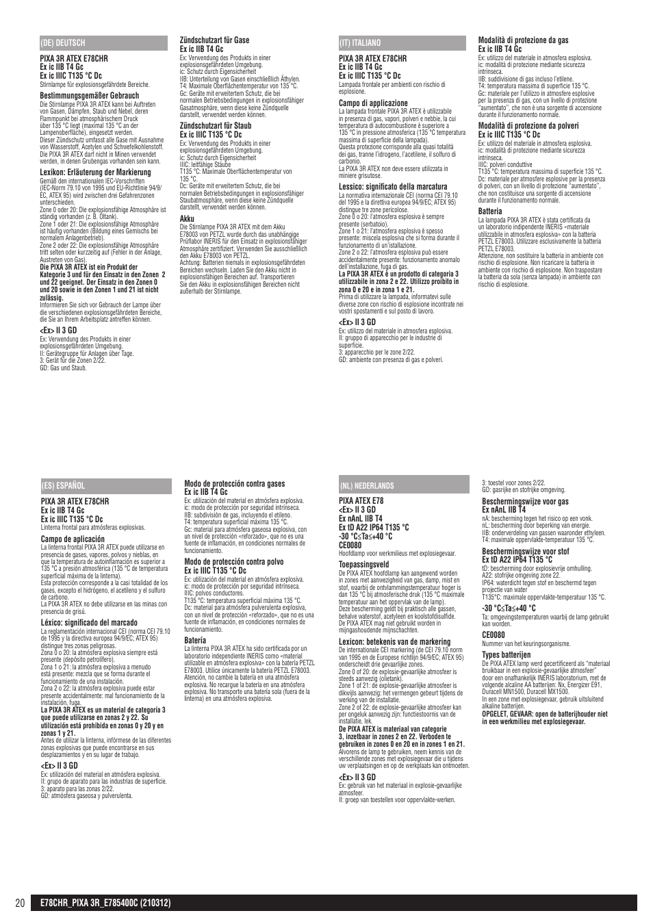 De, it, es, nl | Petzl PIXA 3R User Manual | Page 20 / 23