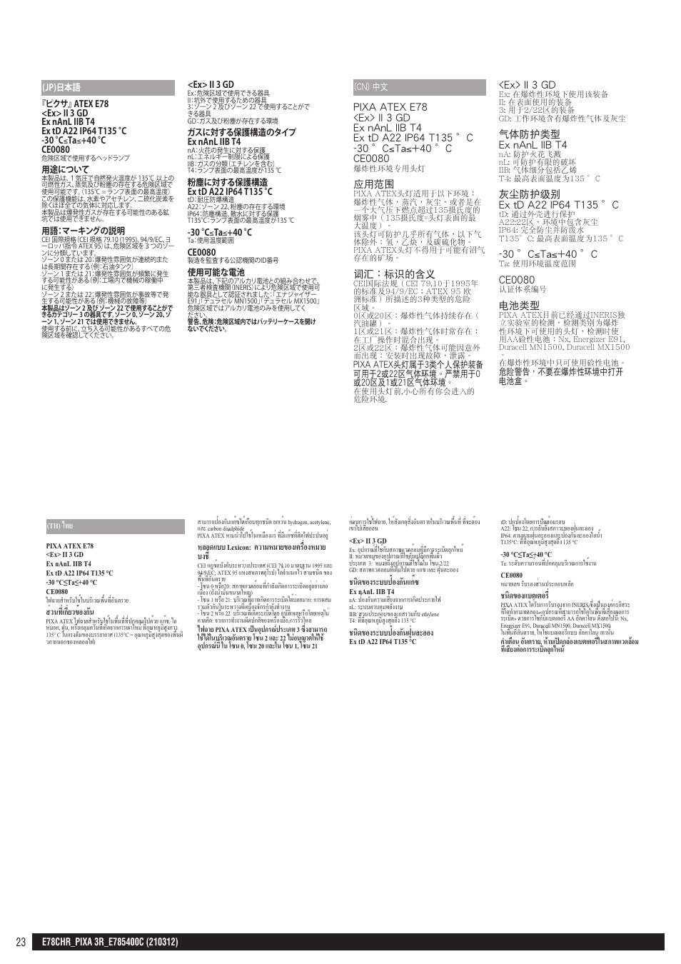 Jp, cn, th, ส่วนที่เกี่ยวข้องกัน, หลอดแบบ lexicon: ความหมายของเครื่องหมาย บ่งช | Ex> ii 3 gd, ชนิดของระบบป้องกันแก๊ซ ex nanl iib t4, 30 °c≤ta≤+40 °c, Ce0080, ชนิดของแบตเตอร | Petzl PIXA 3R User Manual | Page 23 / 23