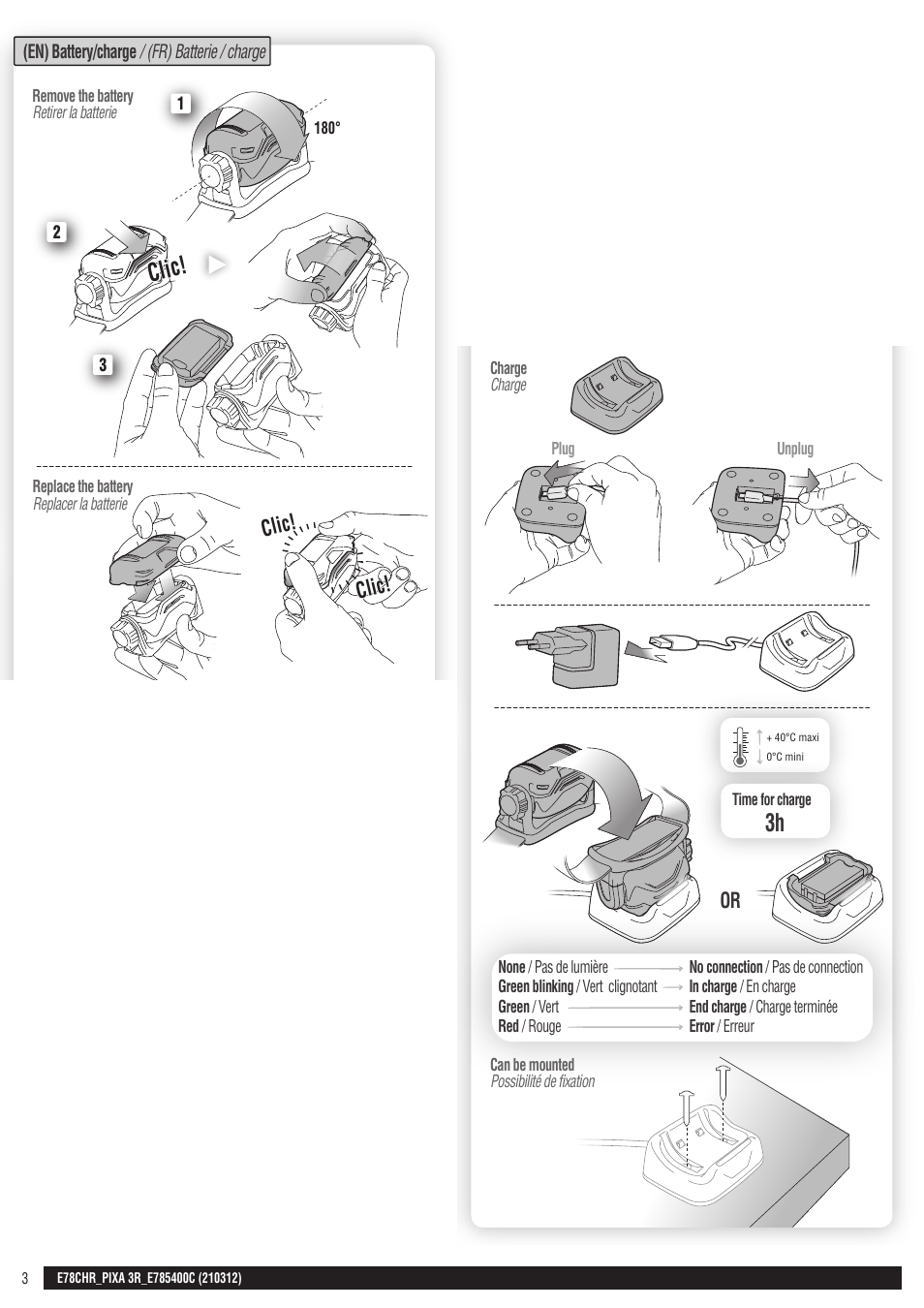 Drawings, Pixa 3r, Ip 67 | Atex, Clic, Ansi, Max autonomy max power, Standard, En) battery/charge / (fr) batterie / charge, Fast | Petzl PIXA 3R User Manual | Page 3 / 23