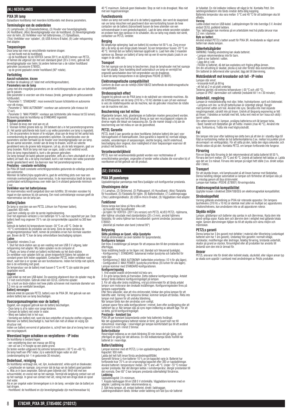 Nl, se | Petzl PIXA 3R User Manual | Page 8 / 23