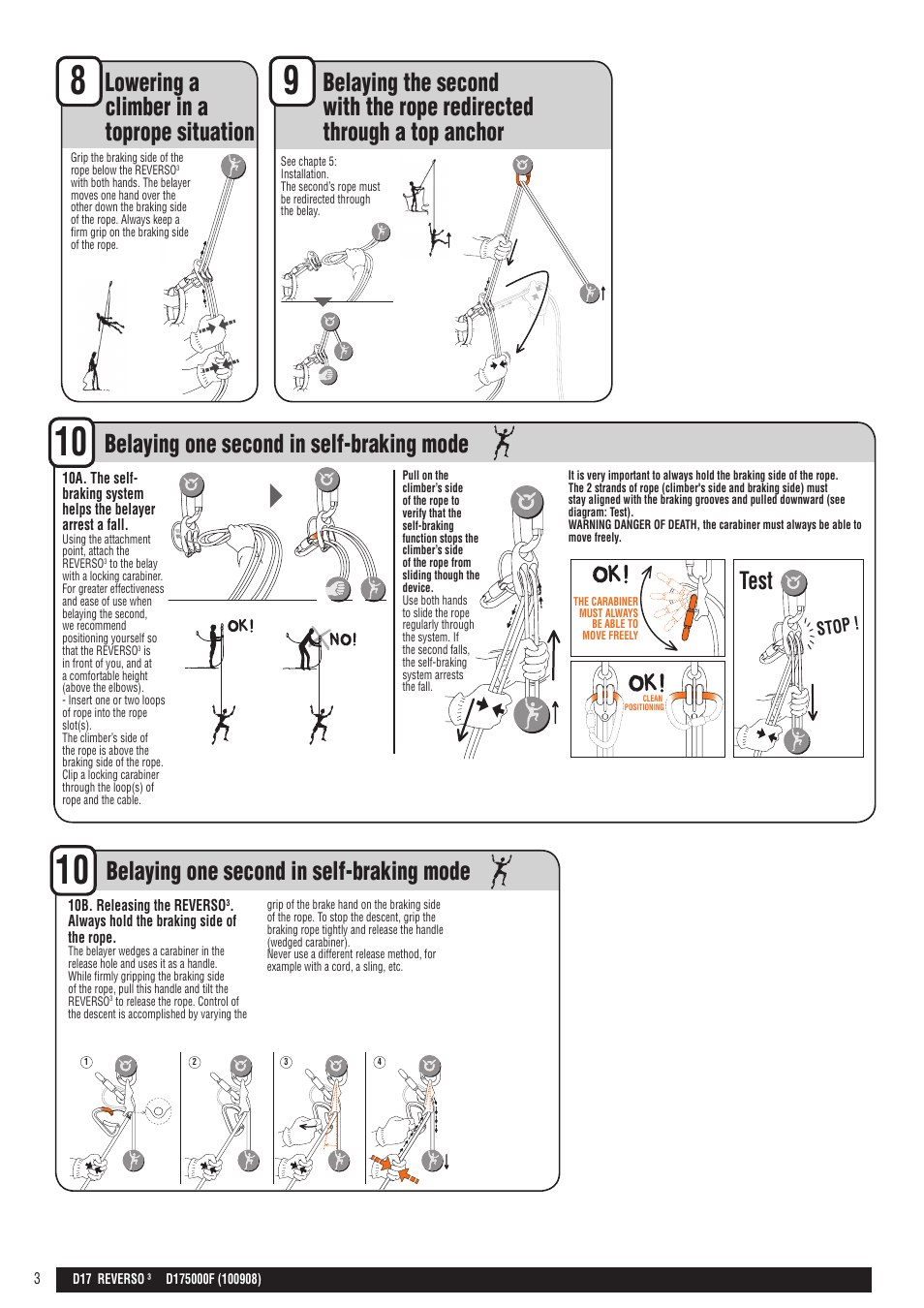 En + drawings, Test, Lowering a climber in a toprope situation | Belaying one second in self-braking mode, Stop | Petzl REVERSO 3 User Manual | Page 3 / 25