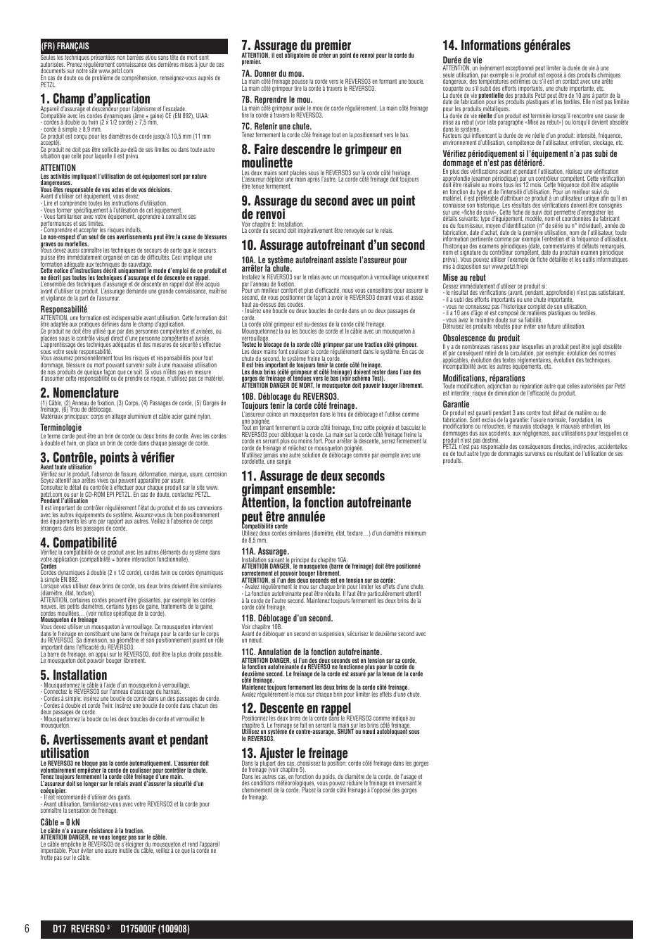 Champ d’application, Nomenclature, Contrôle, points à vérifier | Compatibilité, Installation, Avertissements avant et pendant utilisation, Assurage du premier, Faire descendre le grimpeur en moulinette, Assurage du second avec un point de renvoi, Assurage autofreinant d’un second | Petzl REVERSO 3 User Manual | Page 6 / 25