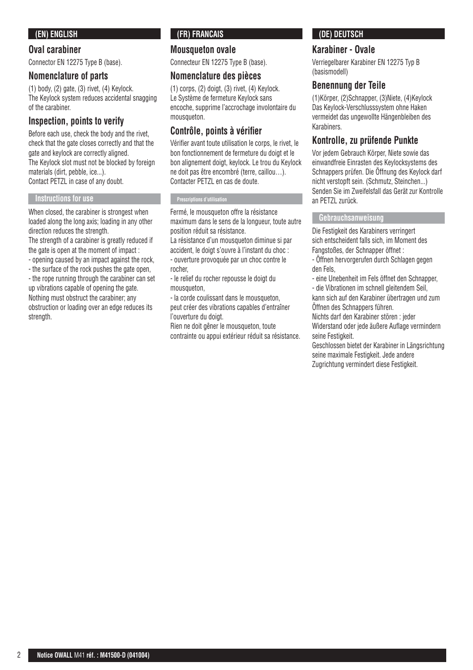 En), (fr), (de) | Petzl OWALL User Manual | Page 2 / 3