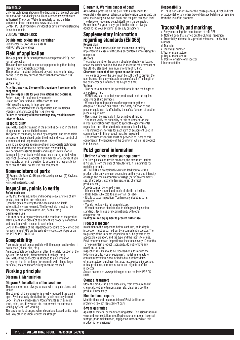 Field of application, Nomenclature of parts, Inspection, points to verify | Compatibility, Working principle, Petzl general information, Traceability and markings | Petzl VULCAN TRIACT-LOCK User Manual | Page 3 / 23