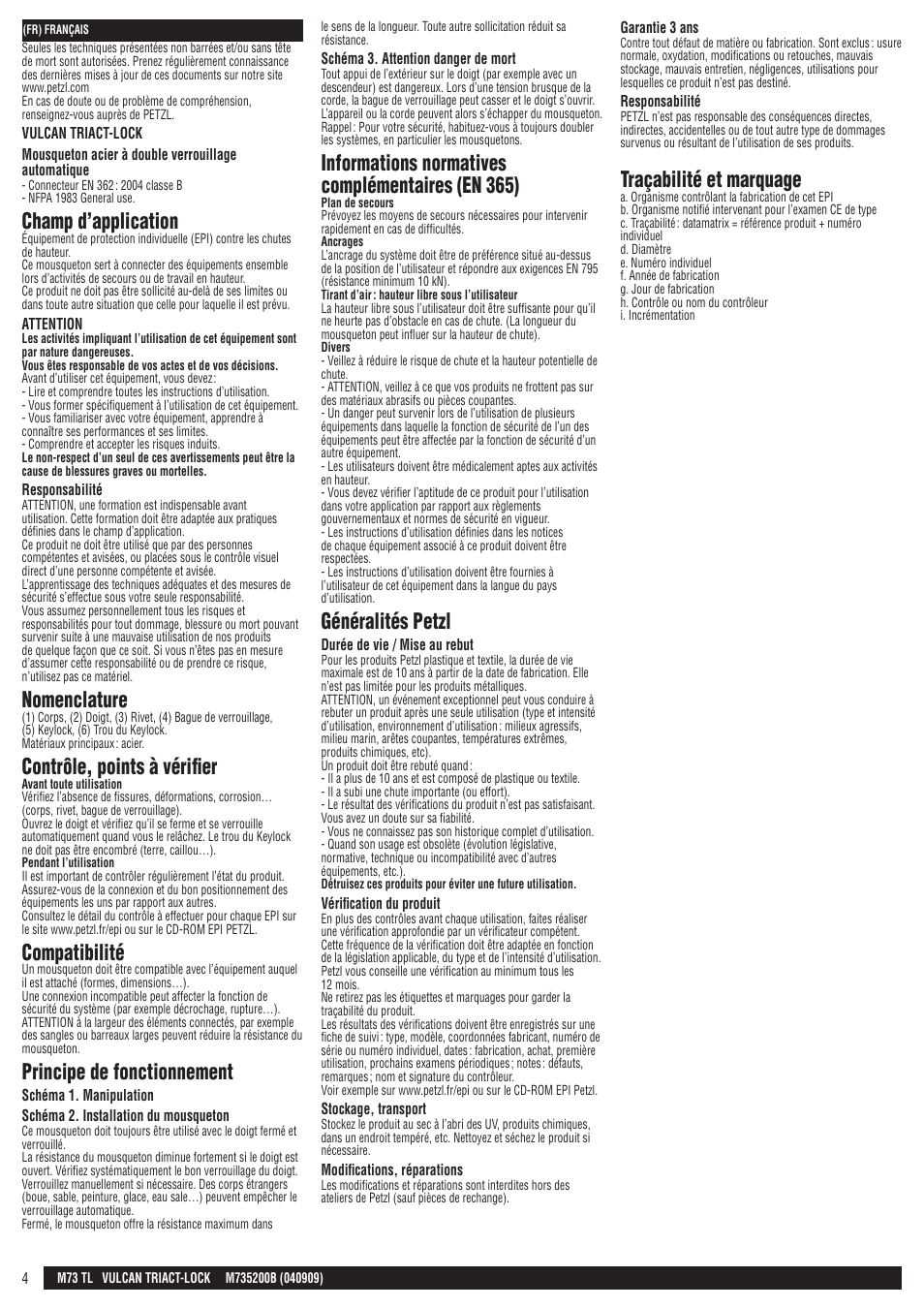 Champ d’application, Nomenclature, Contrôle, points à vérifier | Compatibilité, Principe de fonctionnement, Informations normatives complémentaires (en 365), Généralités petzl, Traçabilité et marquage | Petzl VULCAN TRIACT-LOCK User Manual | Page 4 / 23