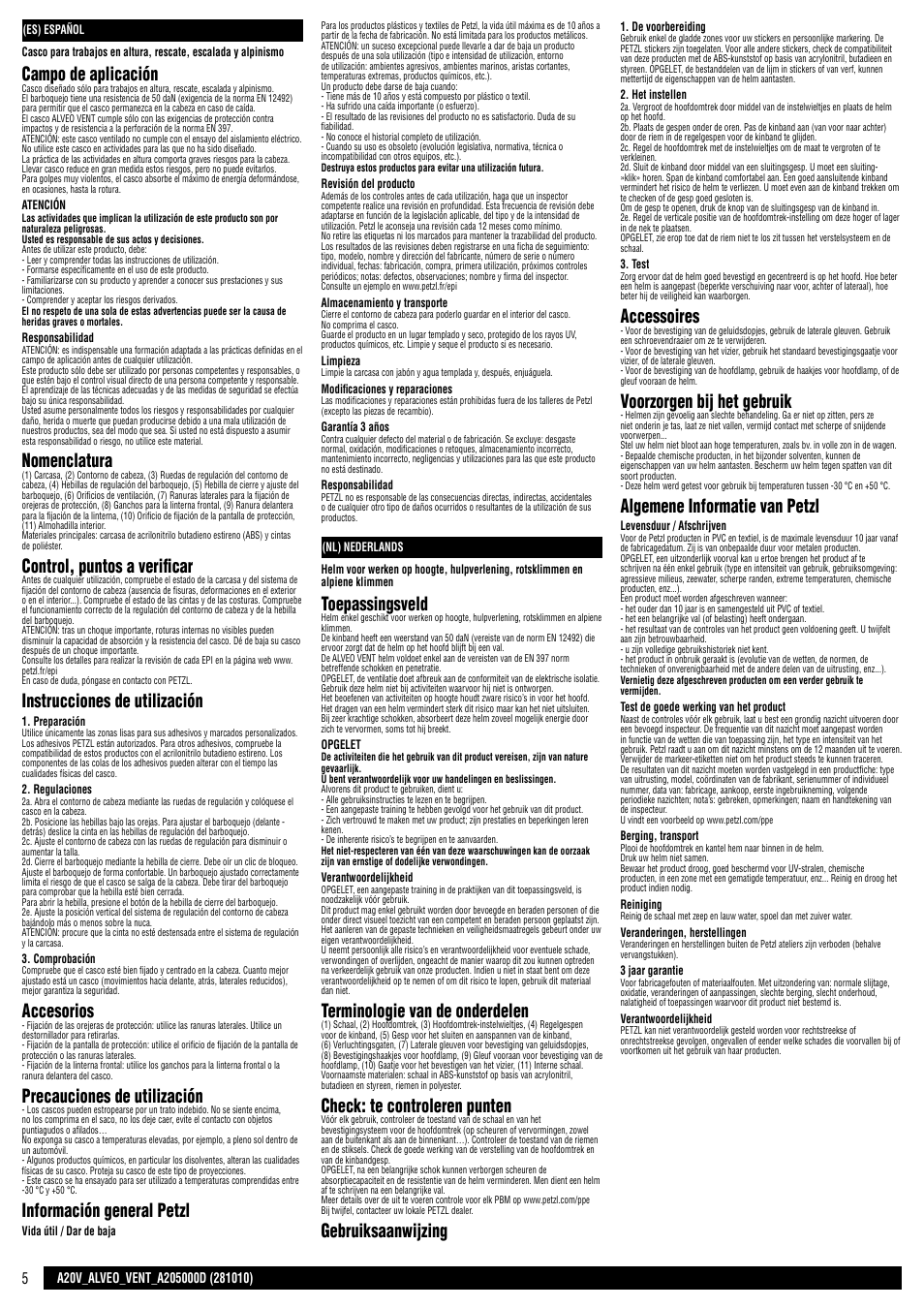 Es / nl, Campo de aplicación, Nomenclatura | Control, puntos a verificar, Instrucciones de utilización, Accesorios, Precauciones de utilización, Información general petzl, Toepassingsveld, Terminologie van de onderdelen | Petzl ALVEO VENT User Manual | Page 5 / 14