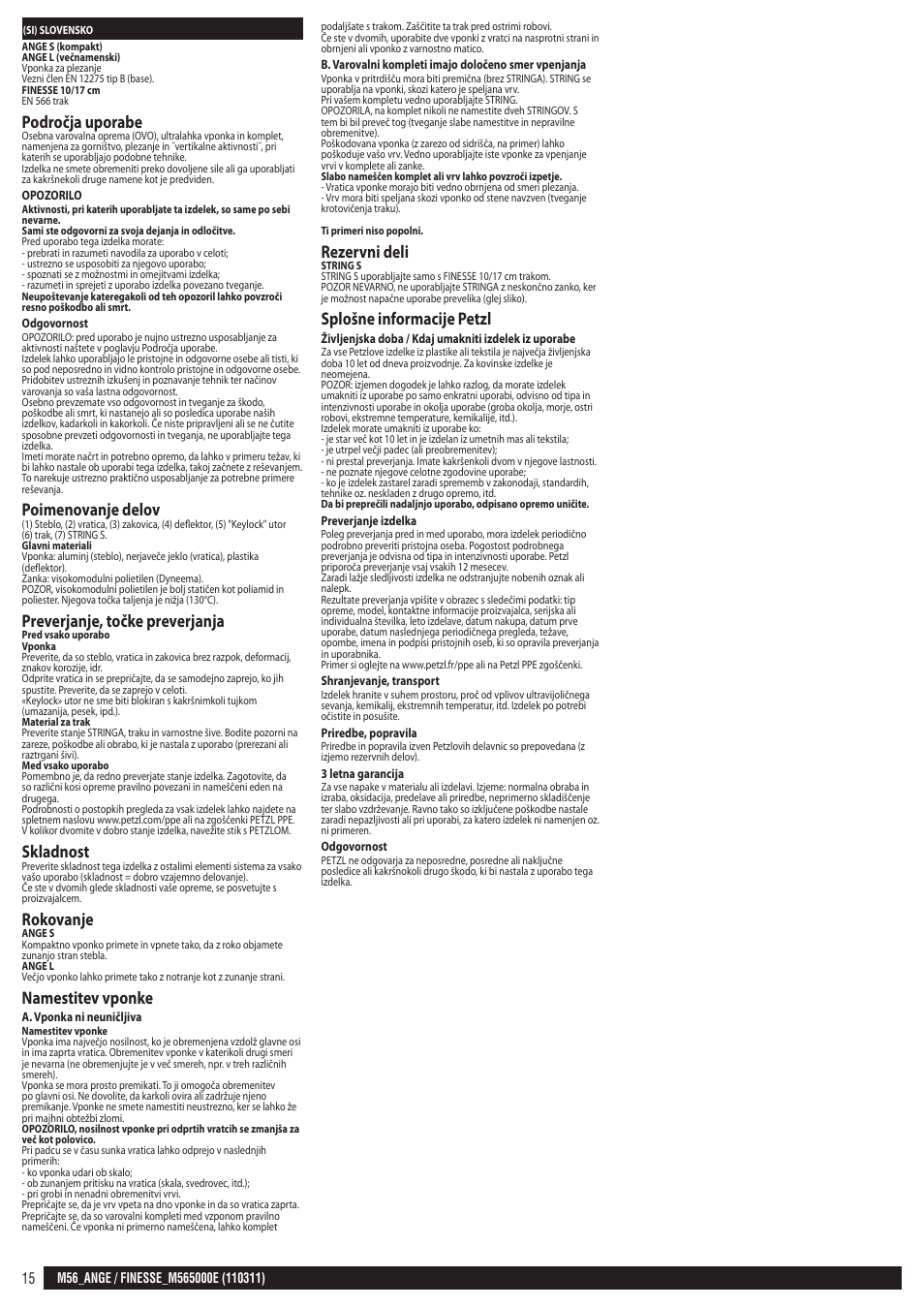 Področja uporabe, Poimenovanje delov, Preverjanje, točke preverjanja | Skladnost, Rokovanje, Namestitev vponke, Rezervni deli, Splošne informacije petzl | Petzl FINESSE User Manual | Page 15 / 20