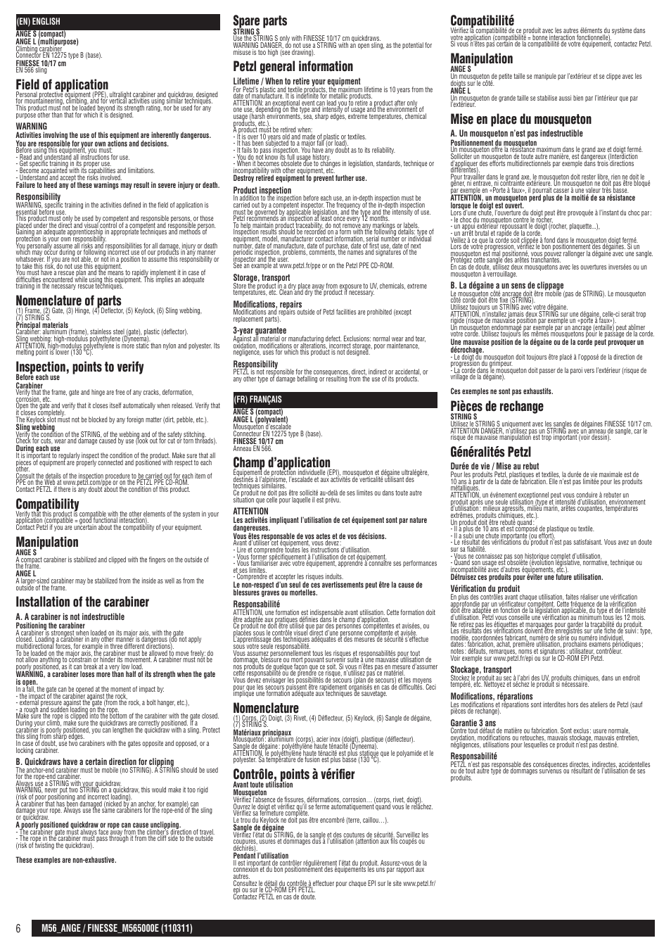 En, fr, Field of application, Nomenclature of parts | Inspection, points to verify, Compatibility, Manipulation, Installation of the carabiner, Spare parts, Petzl general information, Champ d’application | Petzl FINESSE User Manual | Page 6 / 20