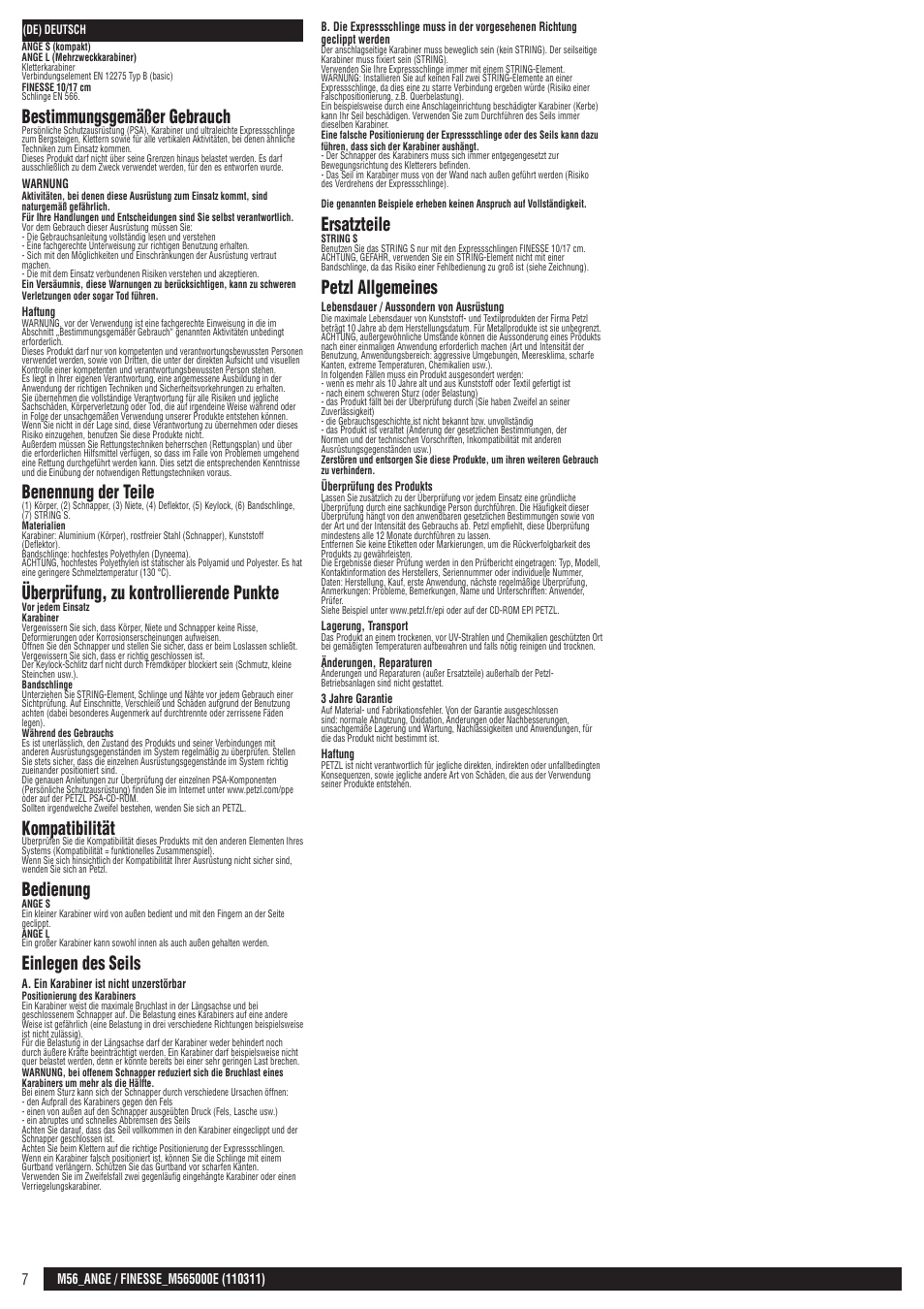 Bestimmungsgemäßer gebrauch, Benennung der teile, Überprüfung, zu kontrollierende punkte | Kompatibilität, Bedienung, Einlegen des seils, Ersatzteile, Petzl allgemeines | Petzl FINESSE User Manual | Page 7 / 20