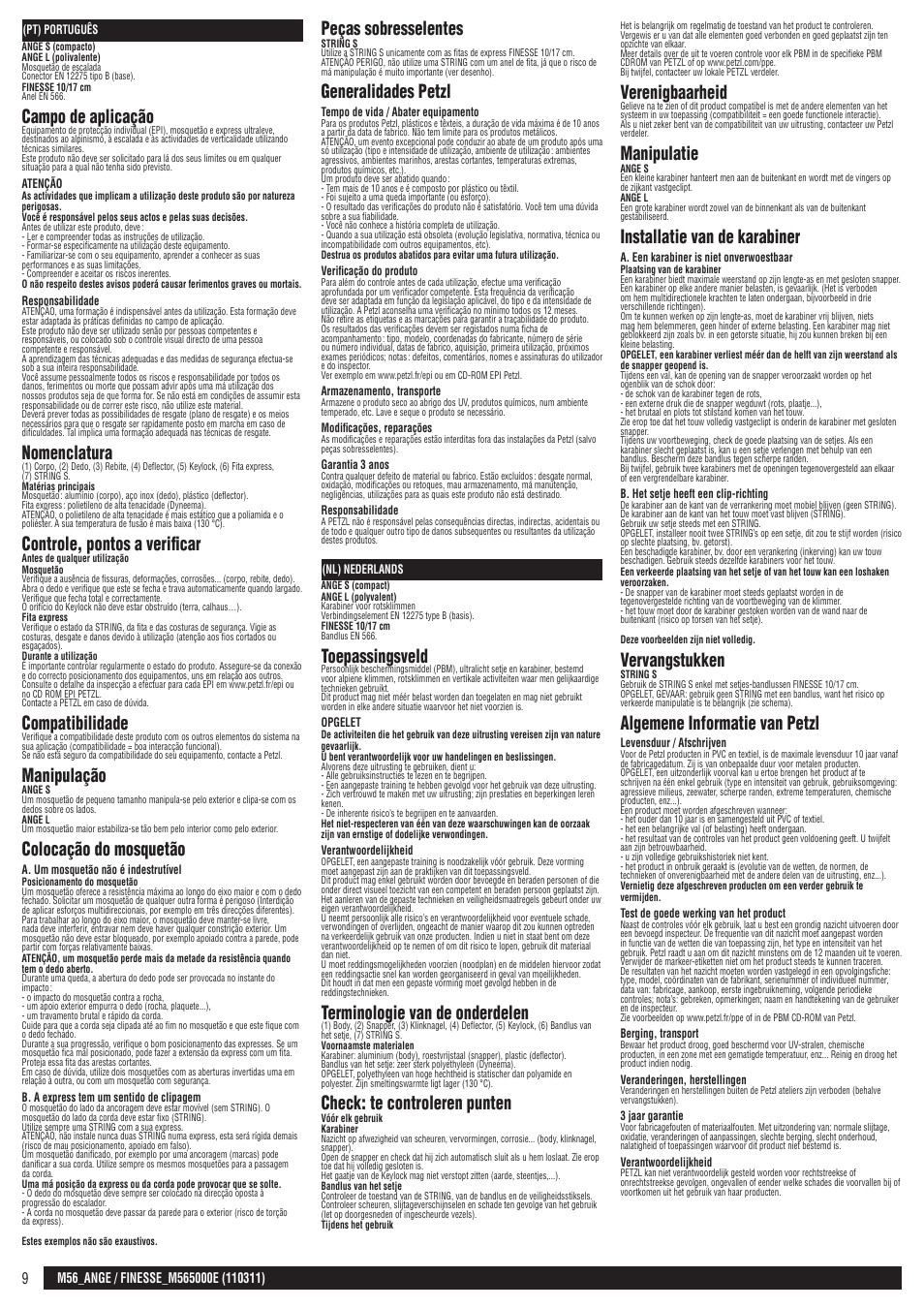 Pt, nl, Campo de aplicação, Nomenclatura | Controle, pontos a verificar, Compatibilidade, Manipulação, Colocação do mosquetão, Peças sobresselentes, Generalidades petzl, Toepassingsveld | Petzl FINESSE User Manual | Page 9 / 20
