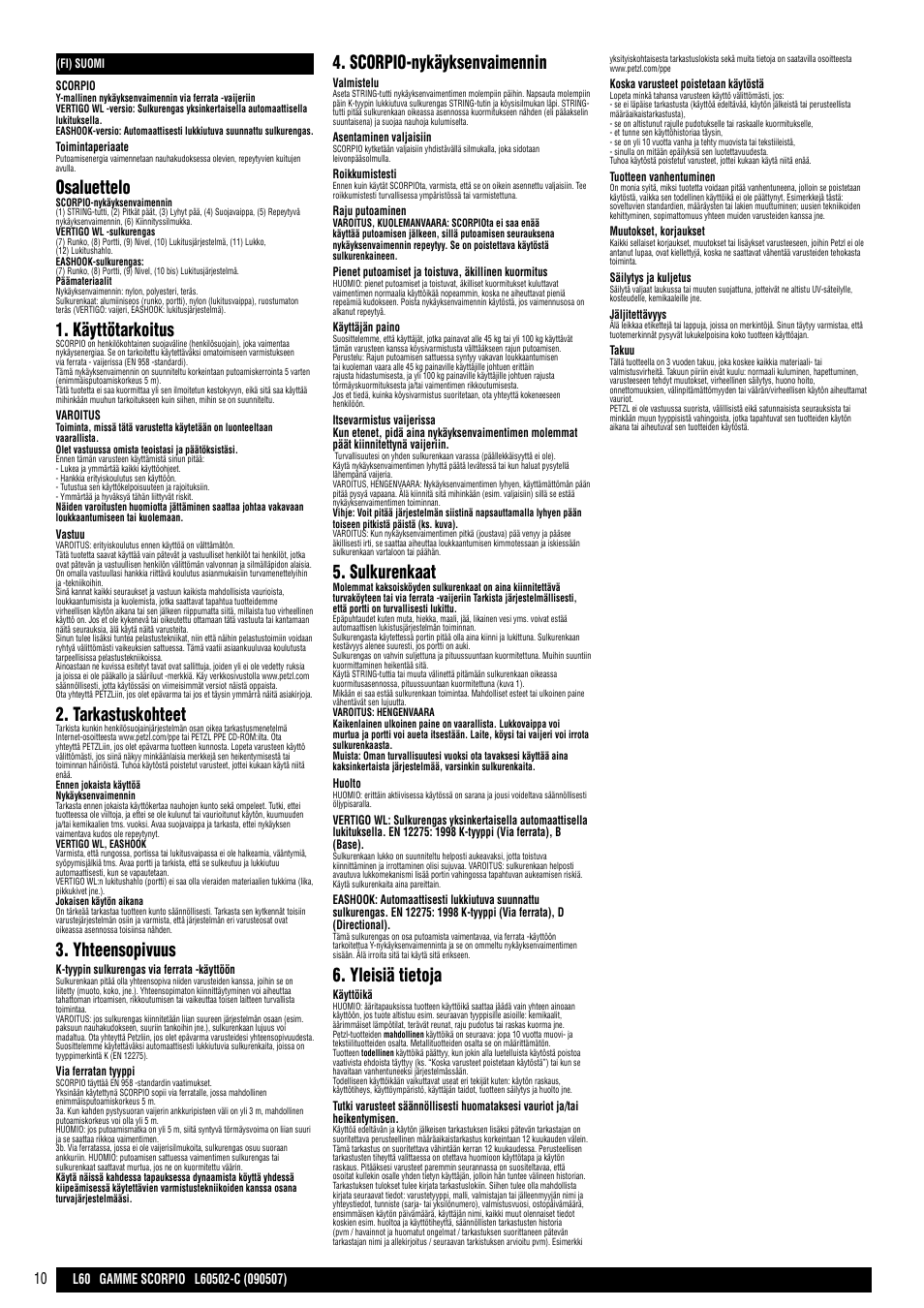 Osaluettelo, Käyttötarkoitus, Tarkastuskohteet | Yhteensopivuus, Scorpio-nykäyksenvaimennin, Sulkurenkaat, Yleisiä tietoja | Petzl SCORPIO VERTIGO User Manual | Page 10 / 20