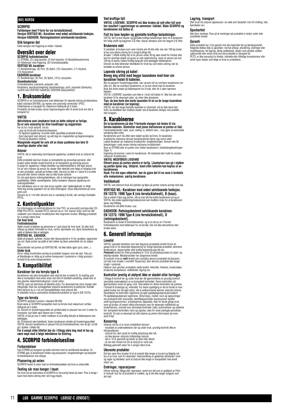Oversikt over deler, Bruksområder, Kontrollpunkter | Kompatibilitet, Scorpio forbindelsesline, Karabinerne, Generell informasjon | Petzl SCORPIO VERTIGO User Manual | Page 11 / 20