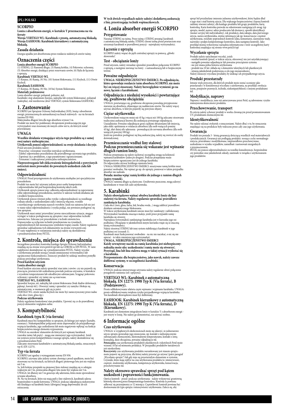 Oznaczenia części, Zastosowanie, Kontrola, miejsca do sprawdzenia | Kompatybilność, Lonża absorber energii scorpio, Karabinki, 6 informacje ogólne, Scorpio, Zasada działania, Uwaga | Petzl SCORPIO VERTIGO User Manual | Page 14 / 20