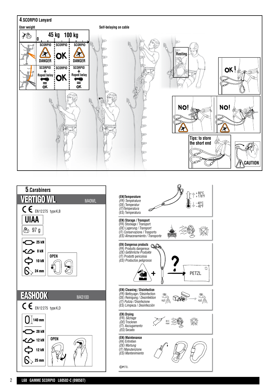 Drawings, Eashook, Vertigo wl | Uiaa, 97 g, Carabiners | Petzl SCORPIO VERTIGO User Manual | Page 2 / 20