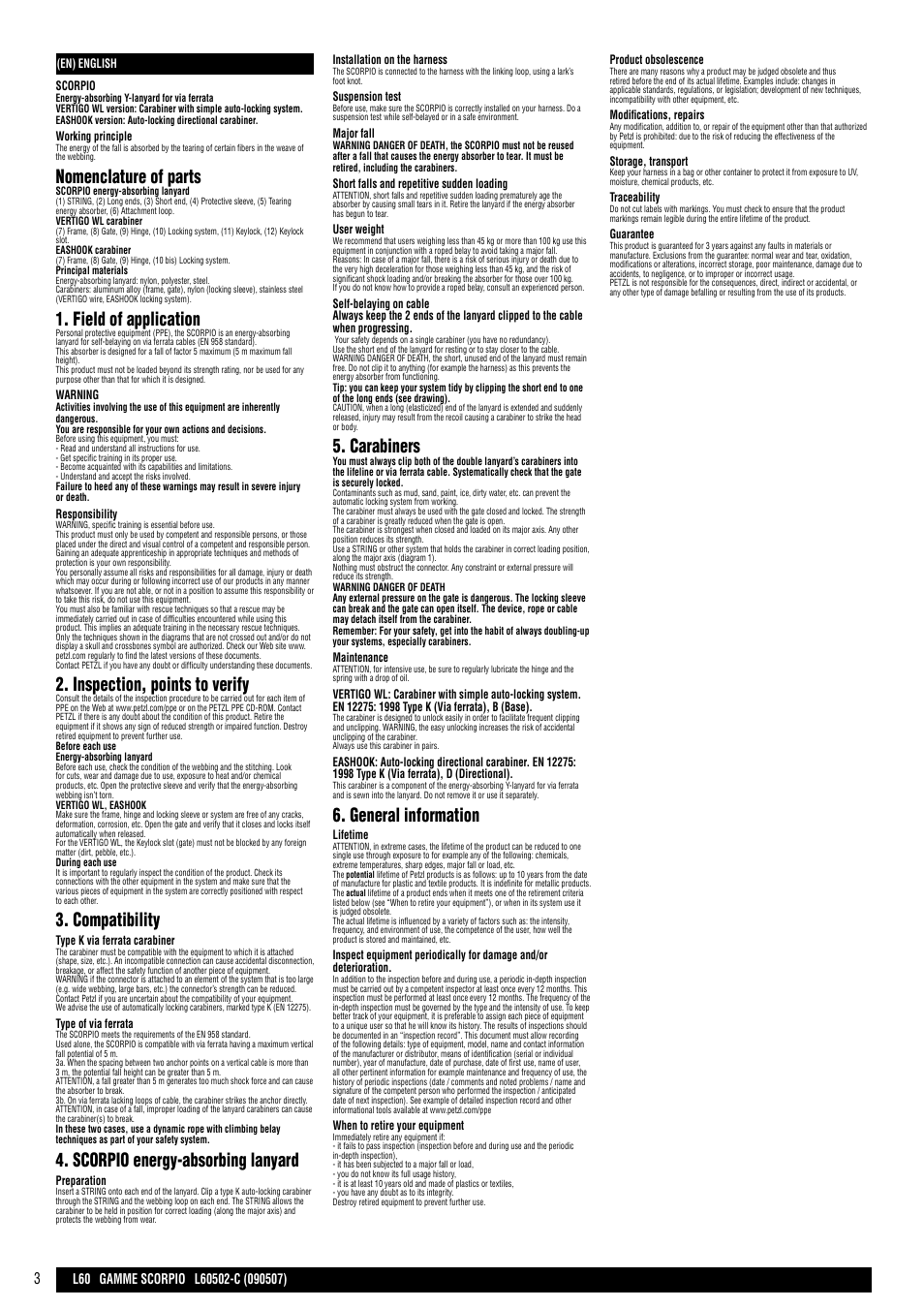 Nomenclature of parts, Field of application, Inspection, points to verify | Compatibility, Scorpio energy-absorbing lanyard, Carabiners, General information | Petzl SCORPIO VERTIGO User Manual | Page 3 / 20